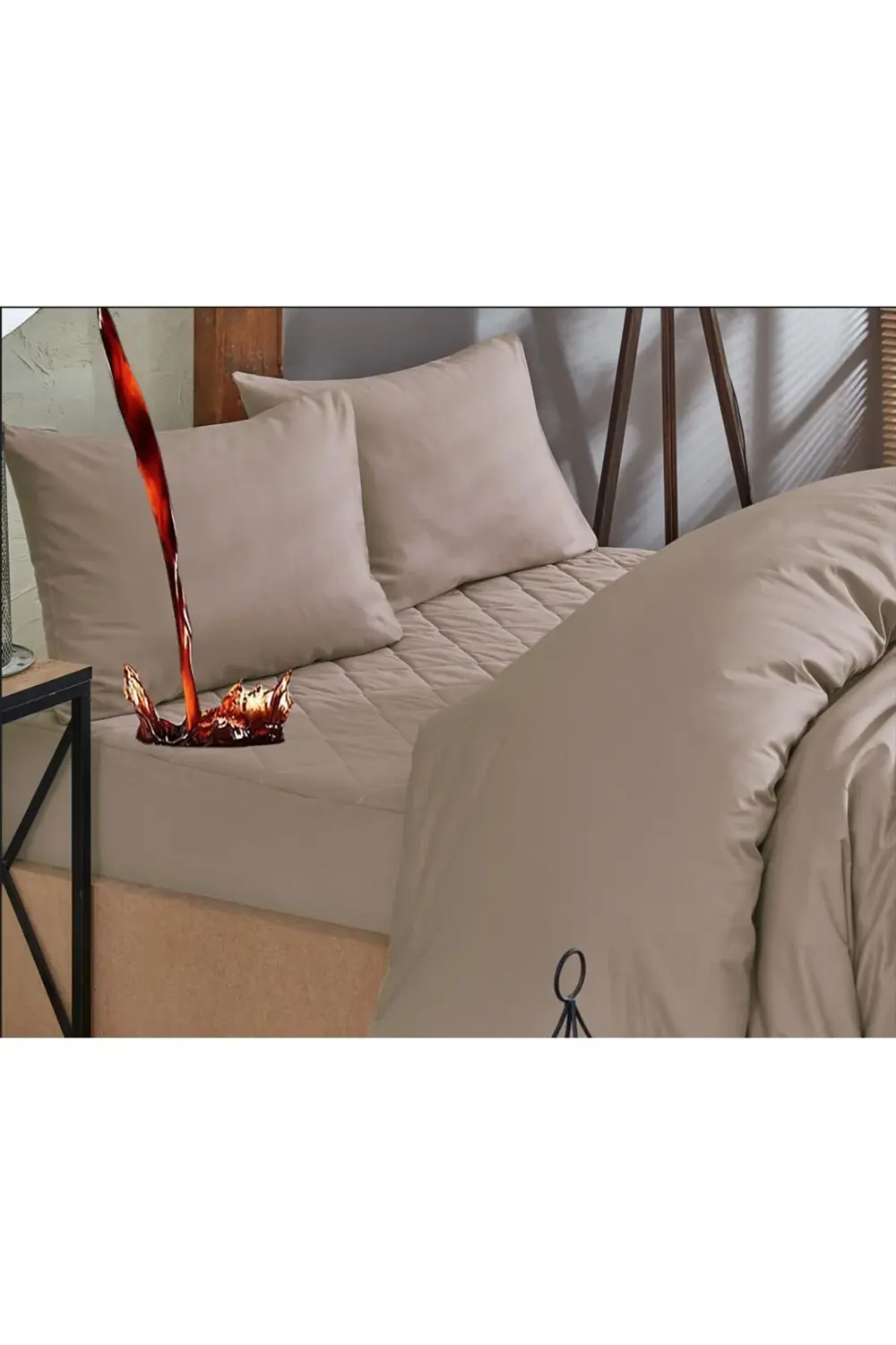 Kahverengi Sıvı Geçirmez Kapitone %100 Pamuk Alez Ve Nevresim Set