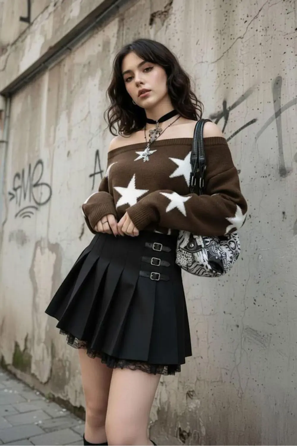 Kahverengi Stars Askılı Y2K Triko Kazak