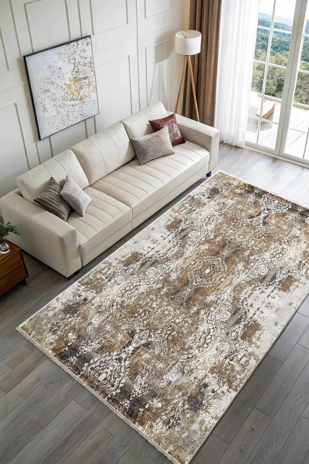 Kahverengi Tasarım Şönil Halı Kilim Yolluk Kaymaz Saçaklı Yıkanab