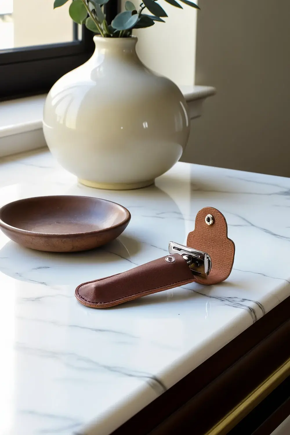 Kahverengi Tıraş Bıçağı Seyahat Kılıfı, Çift Taraflı Suni Deri ve