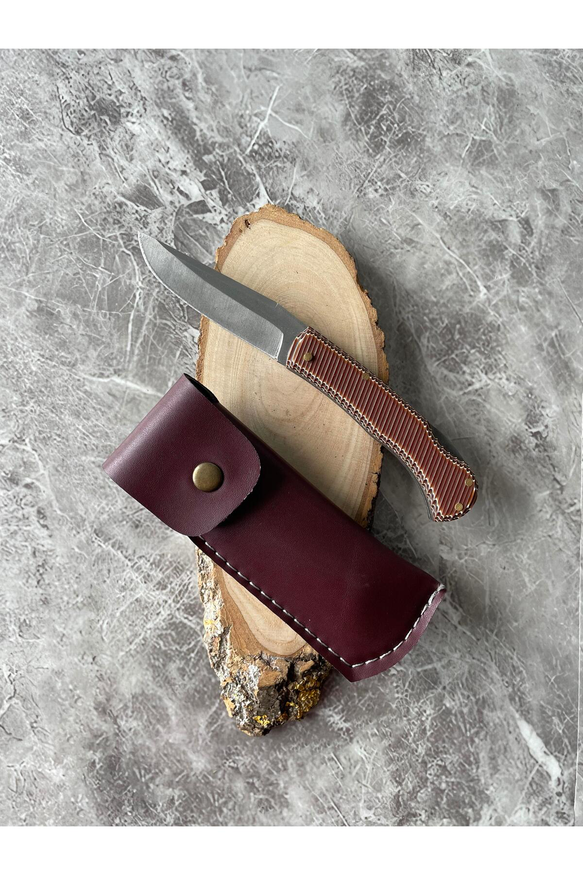 Kahverengi Verzalit Kabzeli Kamp Çakısı – 8 cm Namlu – Sırttan Ki