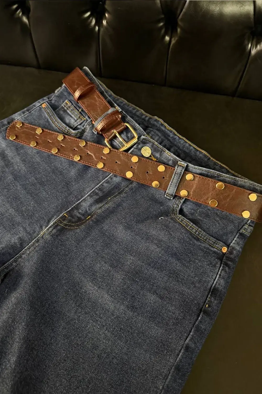 Kahverengi Vintage Gold Zımbalı Eskitme Kemer