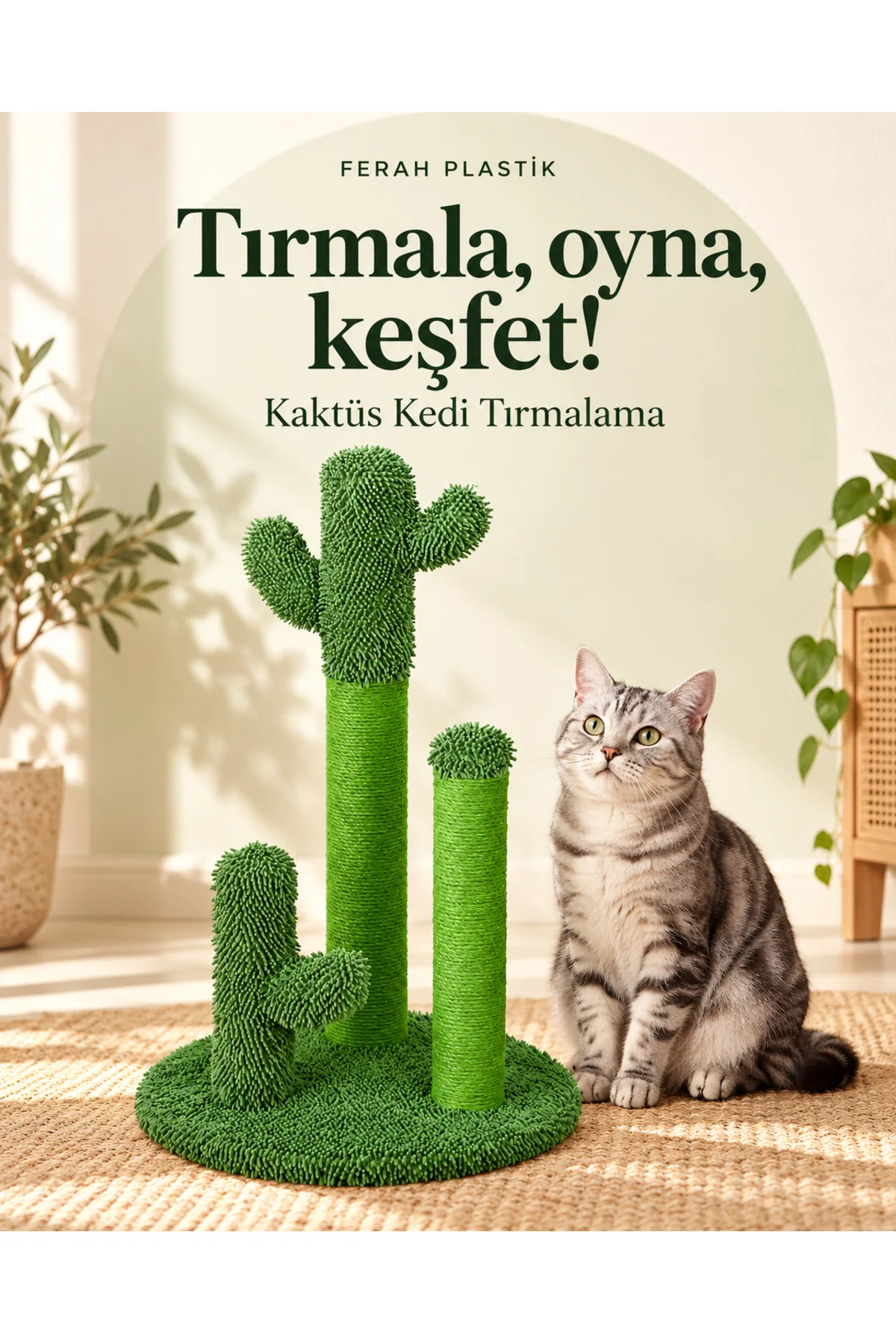Kaktüs Kedi Tırmalama Tahtası 65 cm 3 Sütunlu Yeşil, 40 cm Yuvarlak Taban Kaktüs Kedi Tırmalama Tahtası 65 cm 3 Sütunlu Yeşil, 40 cm Yuvarlak Taban