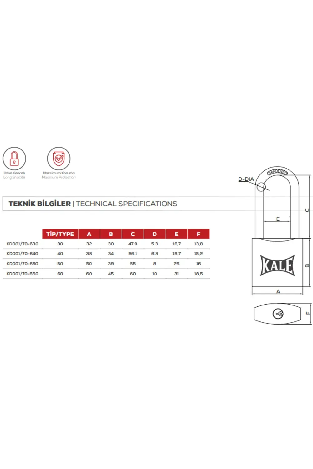 Kale Asma Kilit Çelik Uzun Pirinç 60 Mm