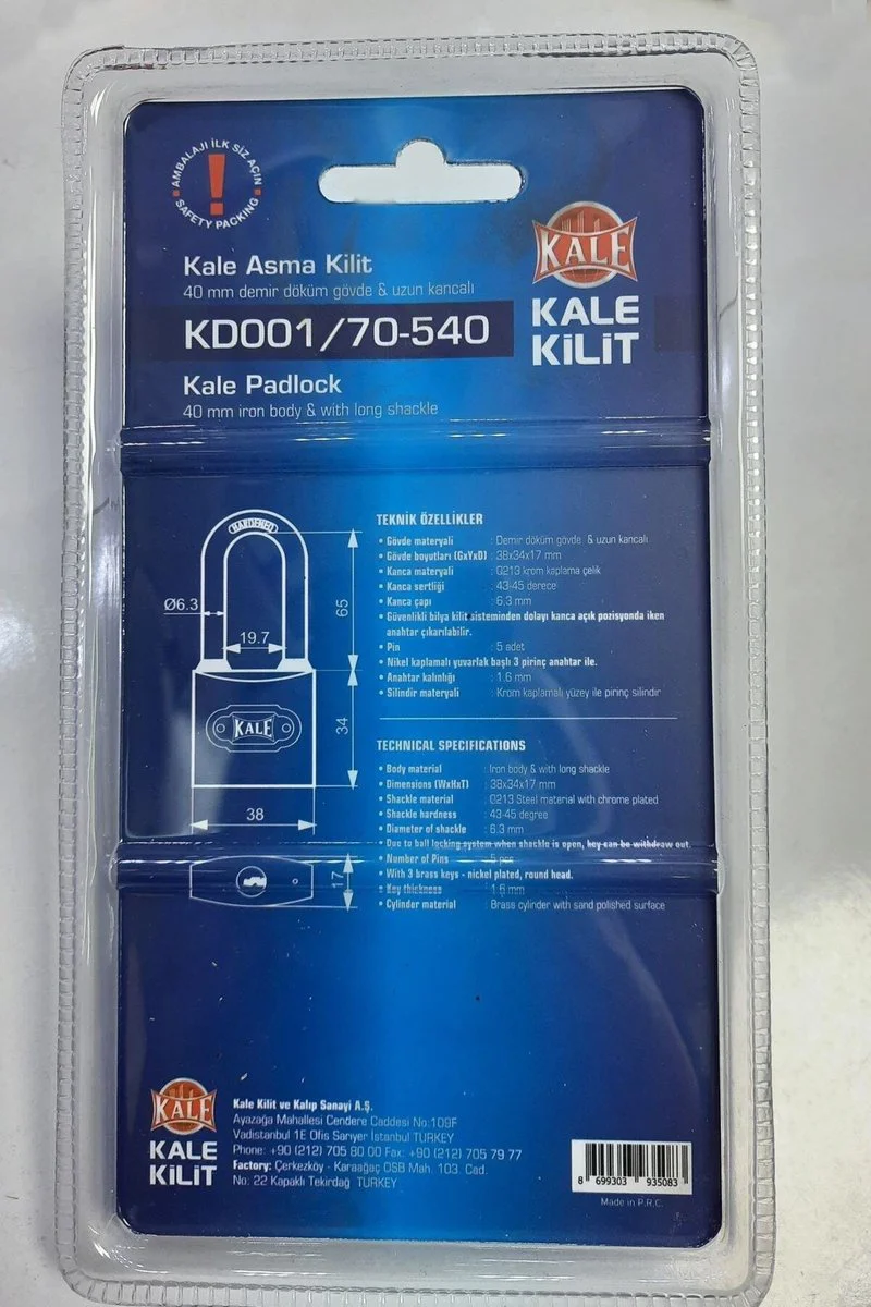 Kale Uzun Kancalı Asma Kilit Blisterli 40Mm