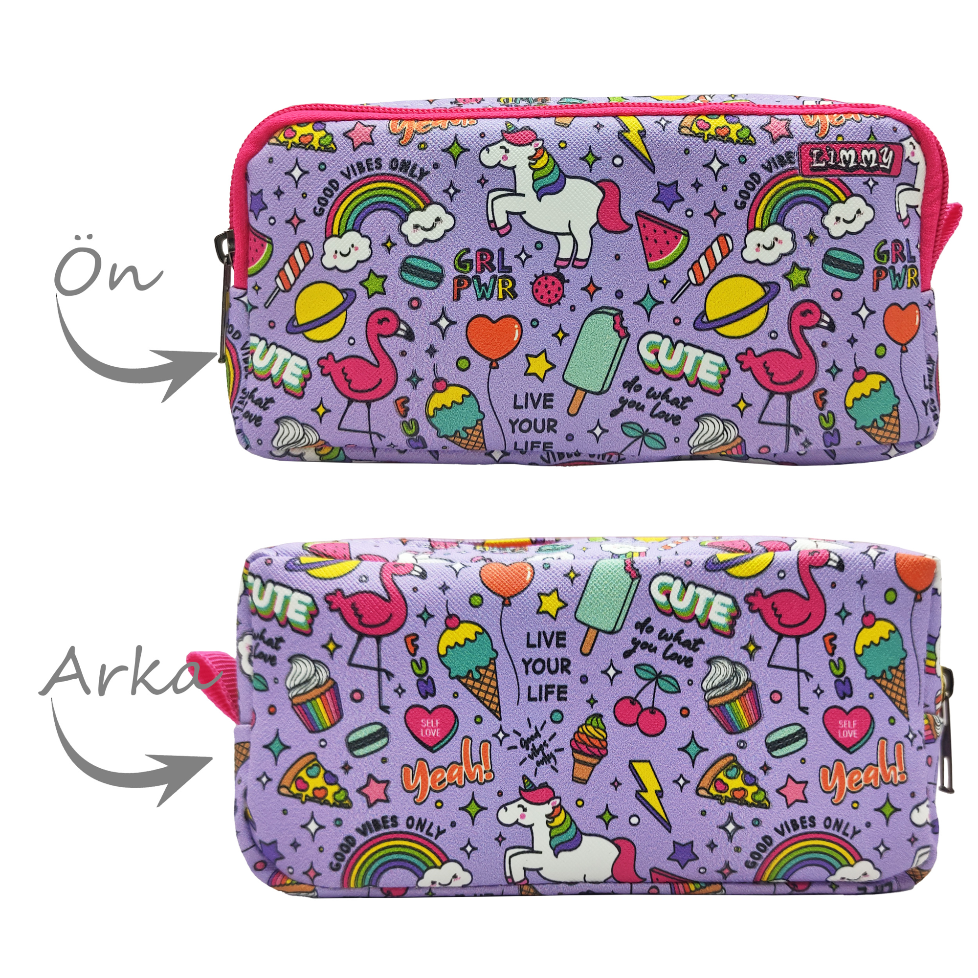 Kalem Kutusu Mor Desen Unicorn-Flamingo Kalemkutu Vegan Deri İki 