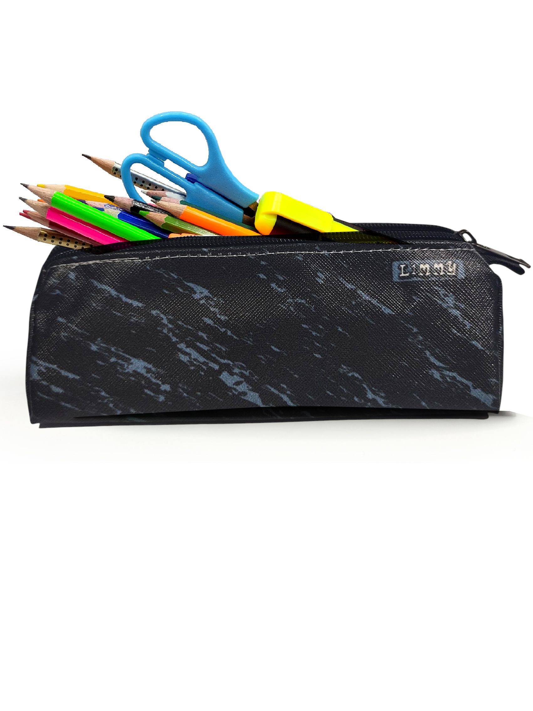 Kalem Kutusu Siyah Mavi Desenli Üçgen Kalemkutu Jumbo Vegan Deri 