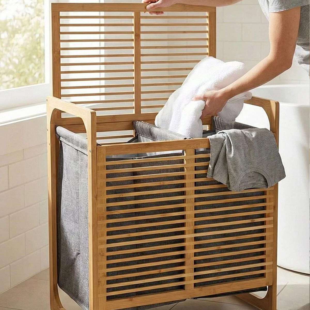 KALIN AHŞAP BAMBU 2 BÖLMELİ KİRLİ ÇAMAŞIR SEPETİ KUMAŞ ÇANTALI SE