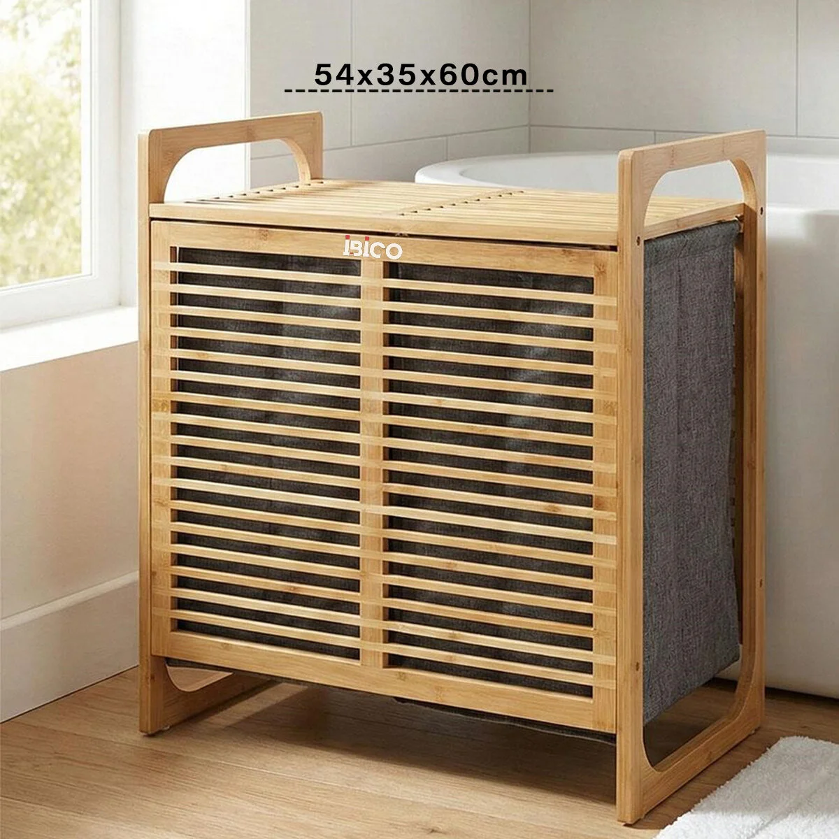 KALIN AHŞAP BAMBU 2 BÖLMELİ KİRLİ ÇAMAŞIR SEPETİ KUMAŞ ÇANTALI SE