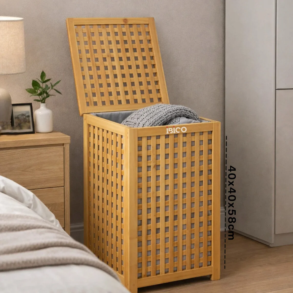 KALIN AHŞAP BAMBU KİRLİ ÇAMAŞIR SEPETİ KUMAŞ ÇANTALI SEPET=40X40X