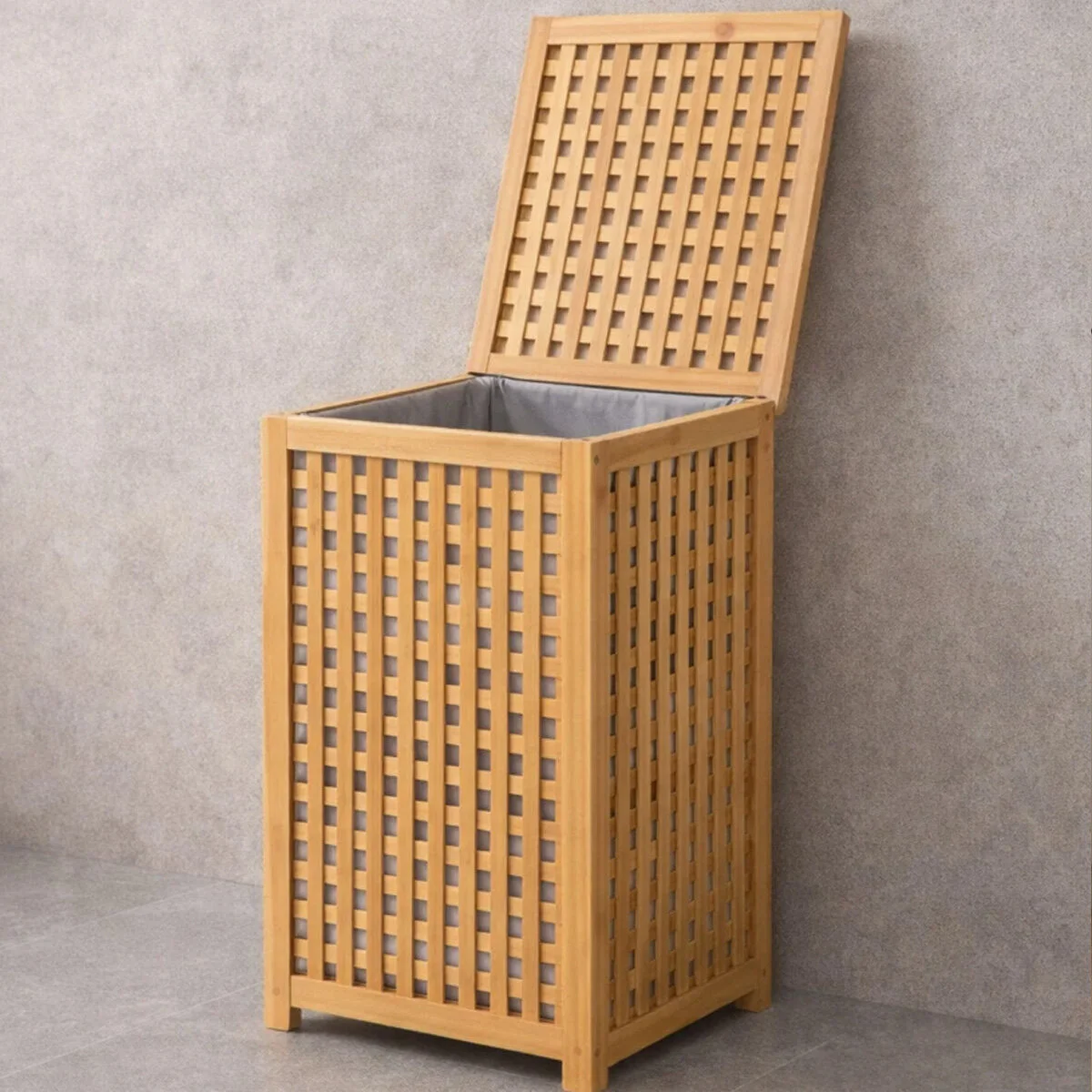 KALIN AHŞAP BAMBU KİRLİ ÇAMAŞIR SEPETİ KUMAŞ ÇANTALI SEPET=40X40X