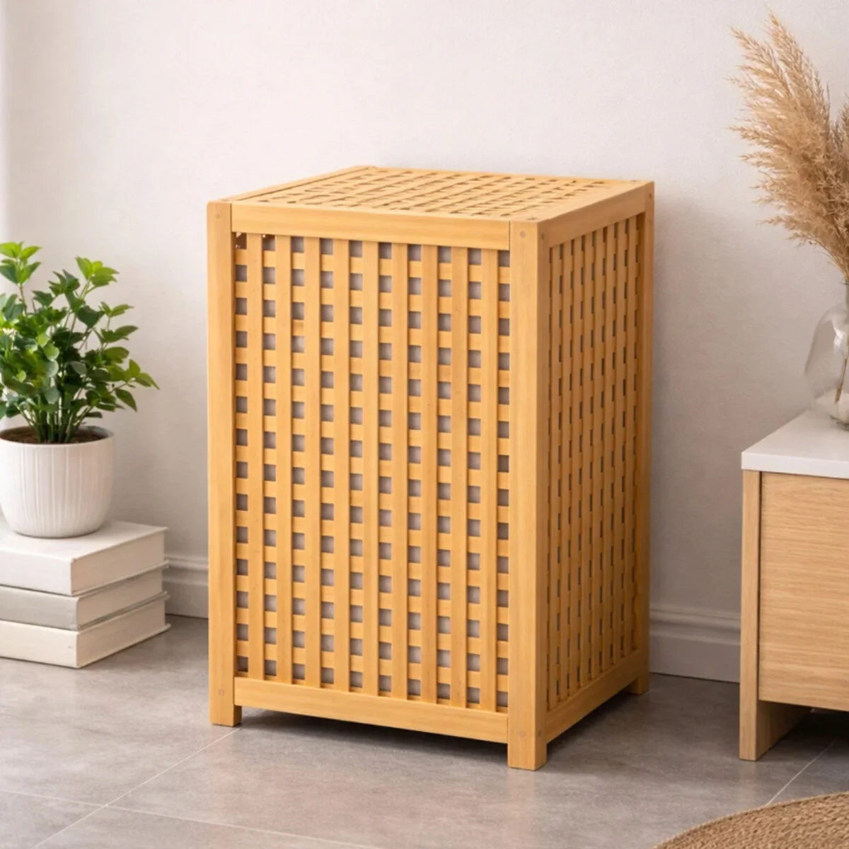 KALIN AHŞAP BAMBU KİRLİ ÇAMAŞIR SEPETİ KUMAŞ ÇANTALI SEPET=40X40X