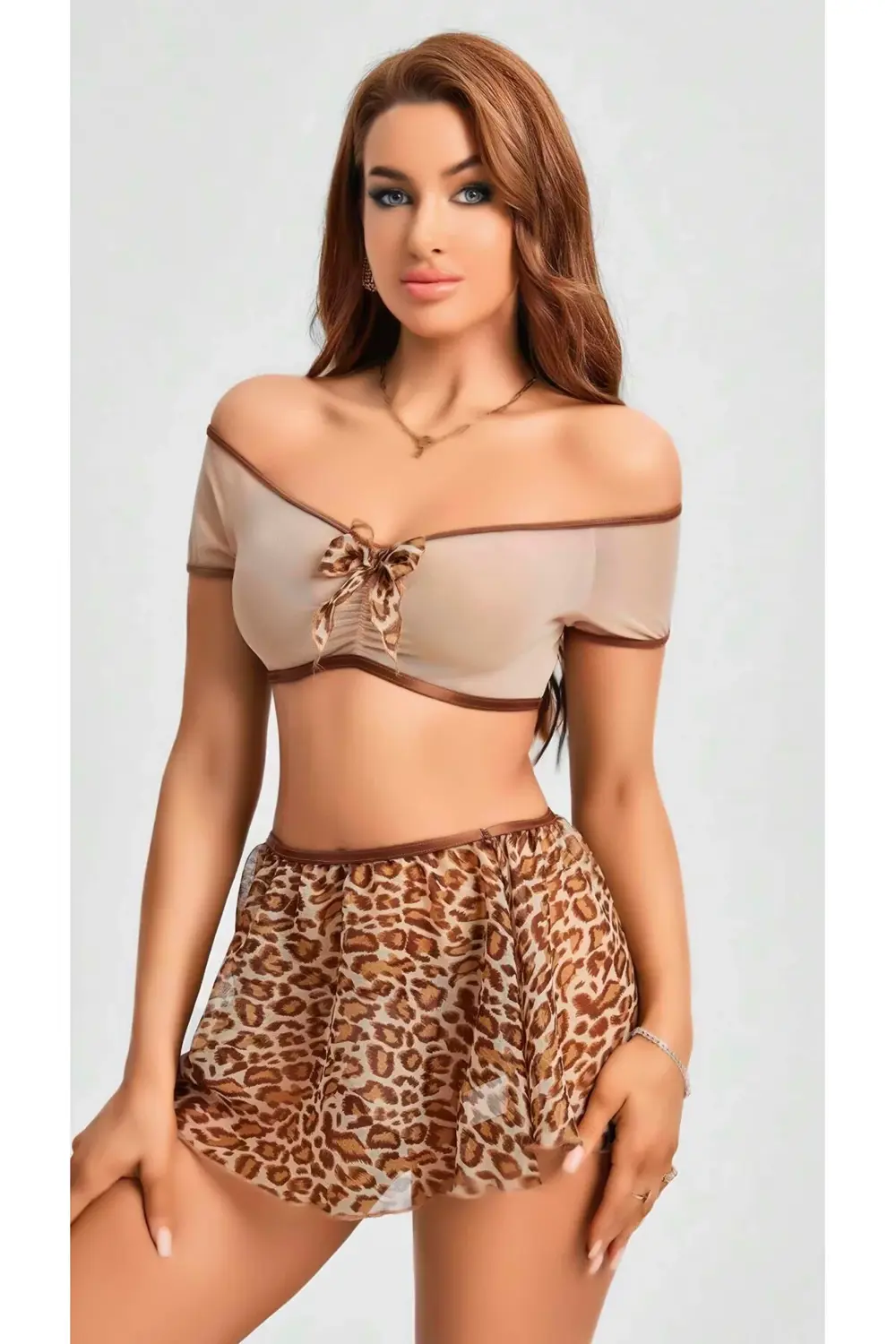 Kalın Askılı Sütyen Leopar Desen Etekli Fantezi Gecelik