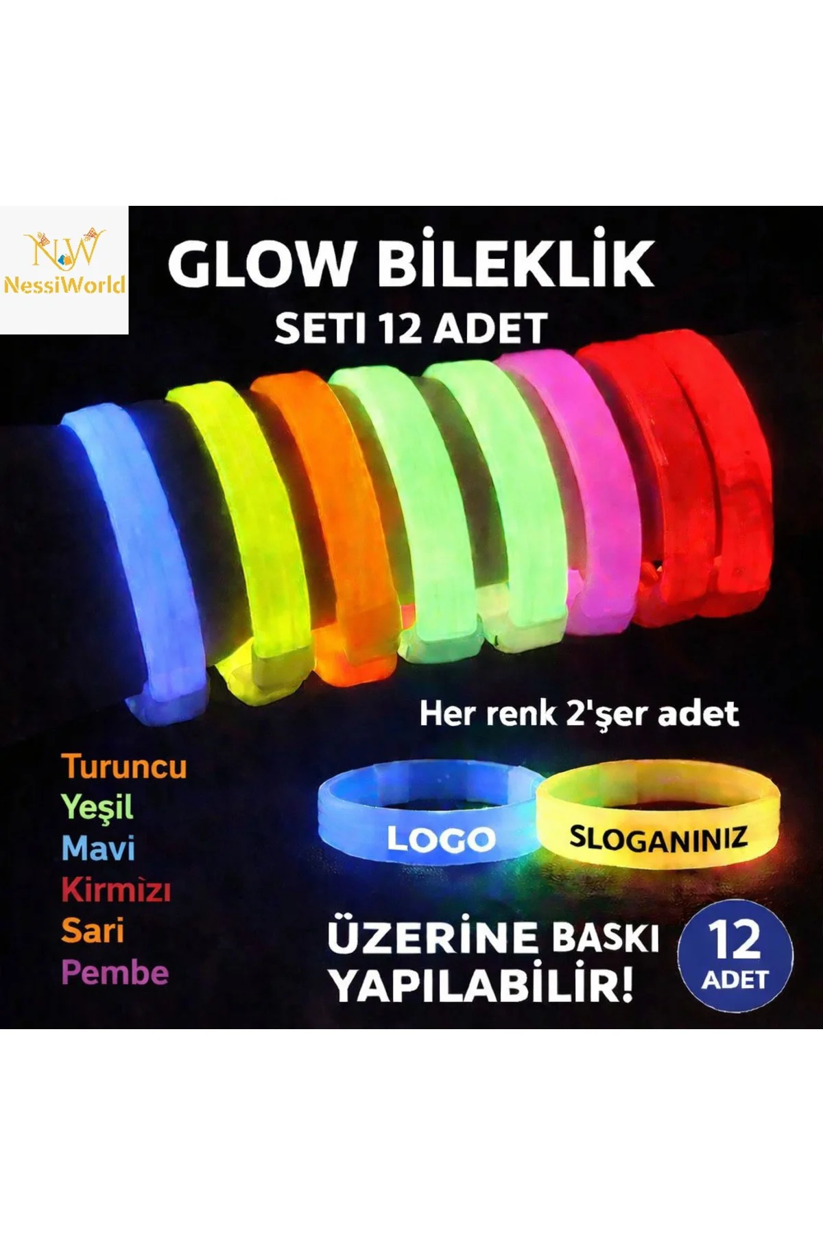 Kalın Bileklik 12’li Set | Baskıya Uygun Renkli Model