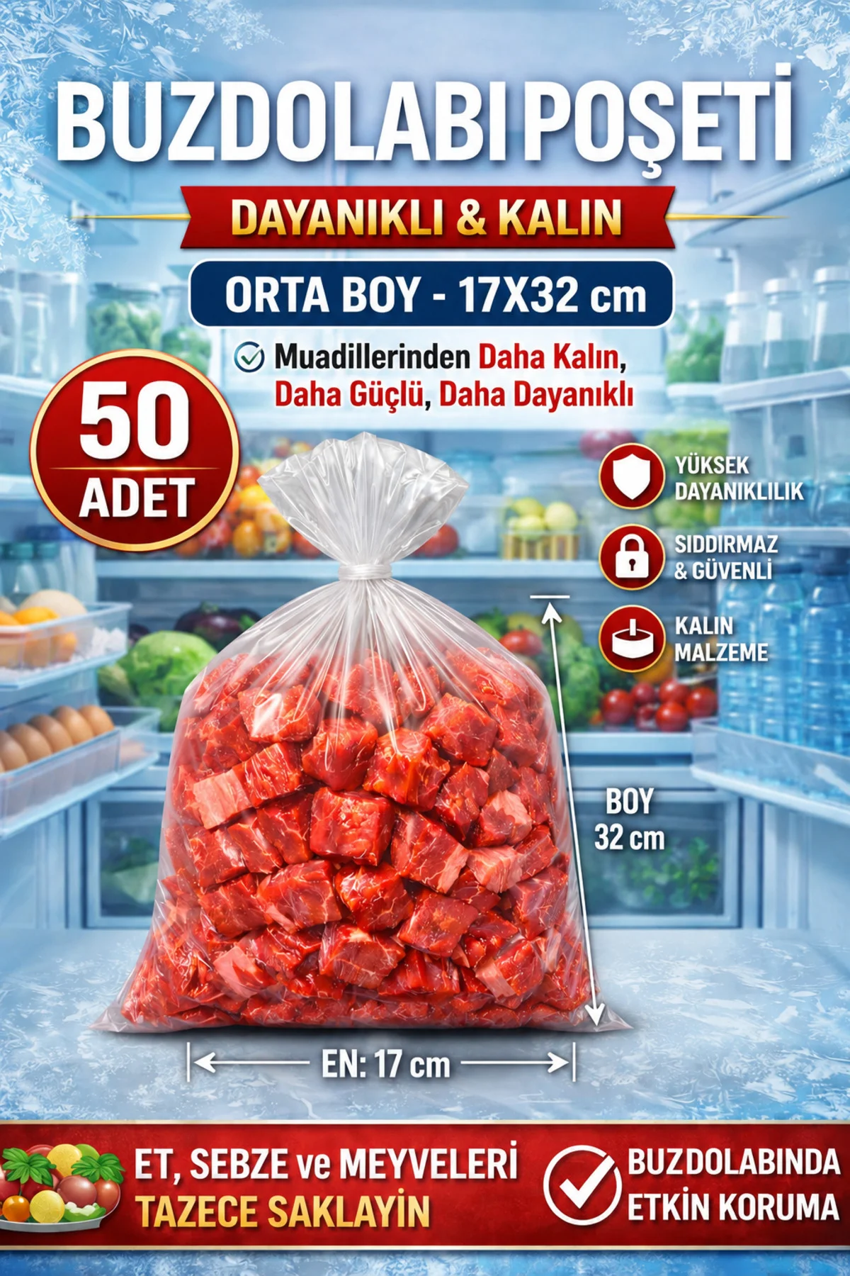Kalın Buzdolabı Poşeti Orta Boy 17x32 cm – Kalın Dayanıklı Sızdırmaz 50 Adet Et Balık Meyve Sebze Gıda Bakliyat Torbası Fiyatı, Yorumları ve Özellikleri