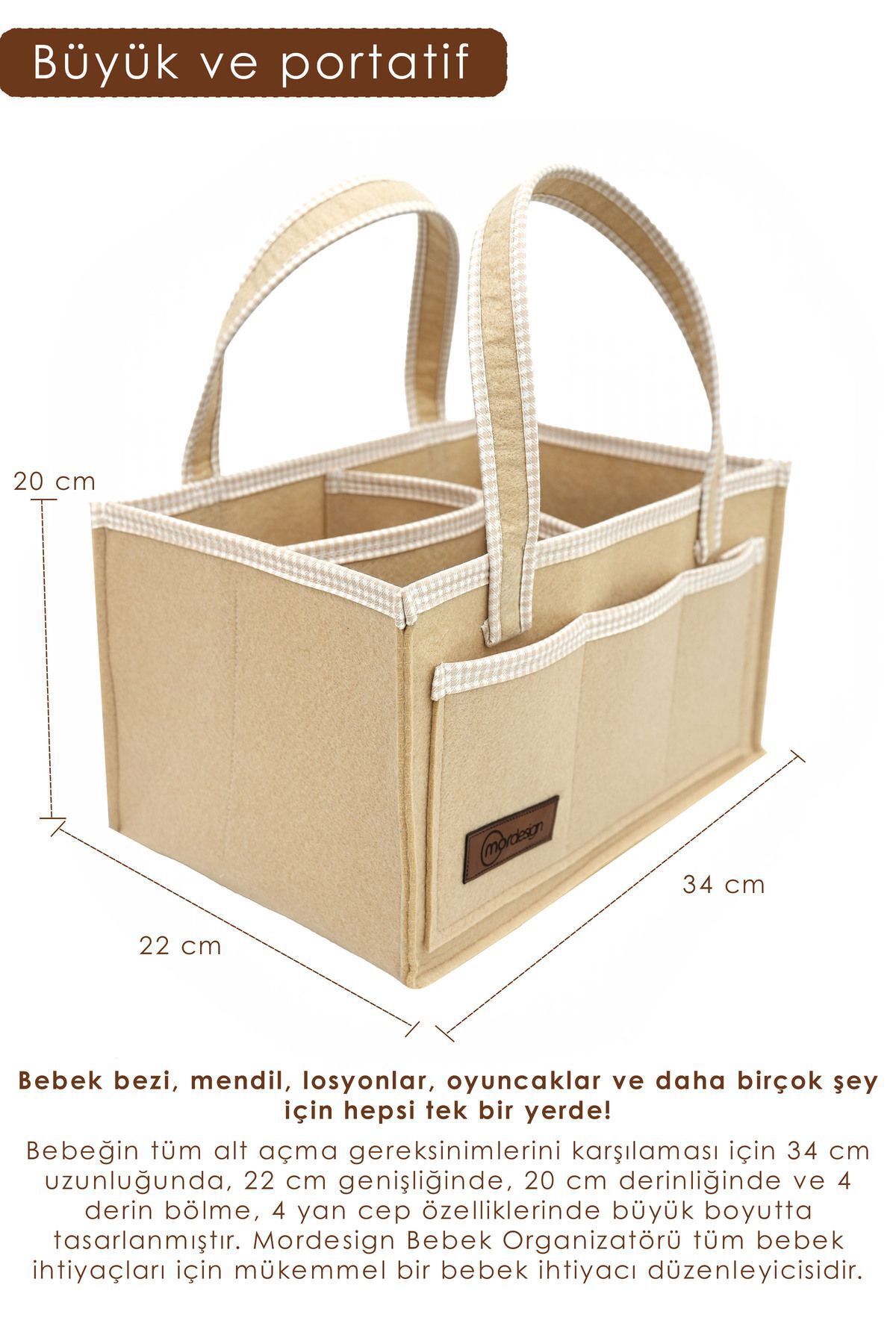 Mordesign Kalın Keçe Anne Bebek Bakım Çantası, Organizer, Çok Gözlü Düzenle