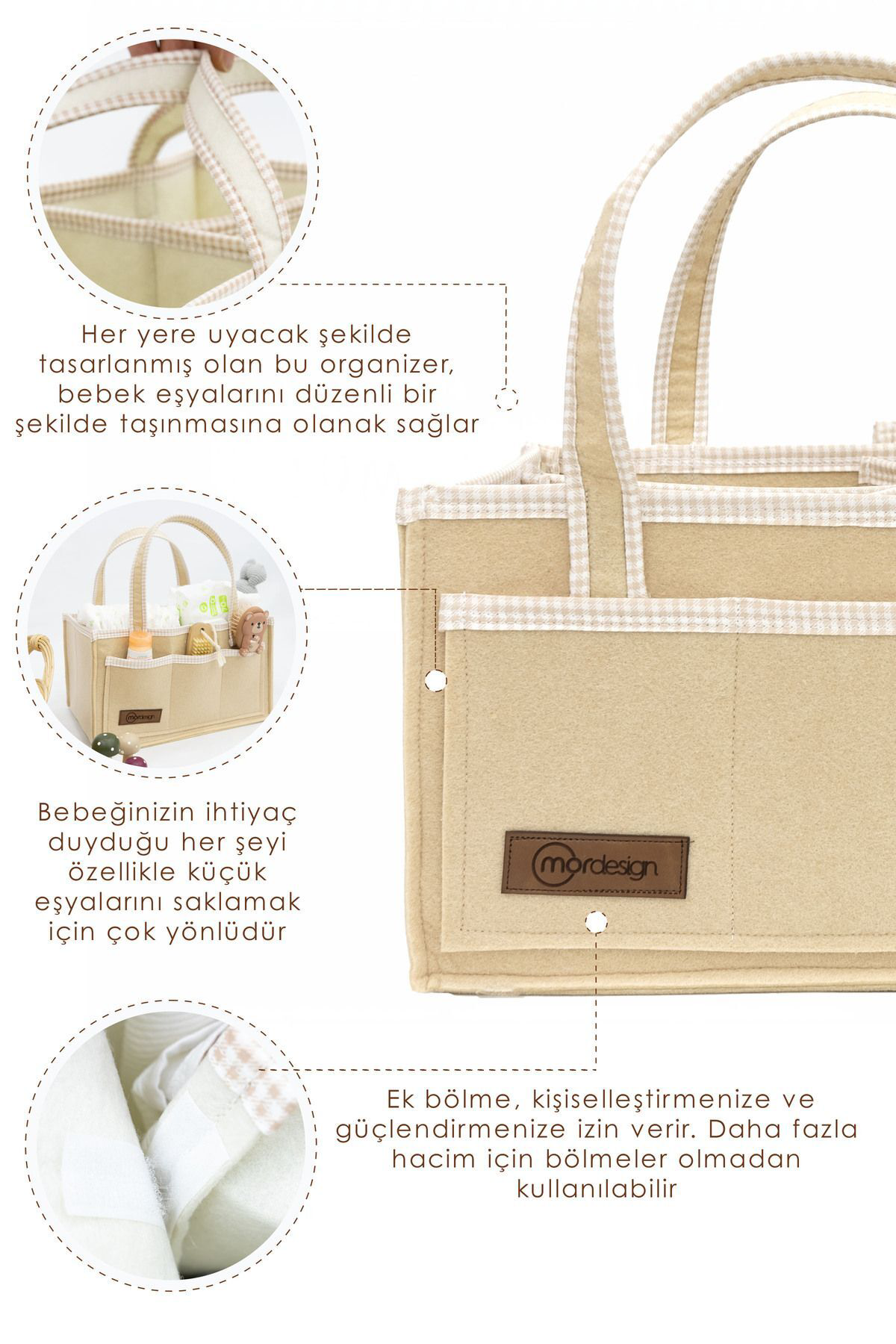 Mordesign Kalın Keçe Anne Bebek Bakım Çantası, Organizer, Çok Gözlü Düzenle