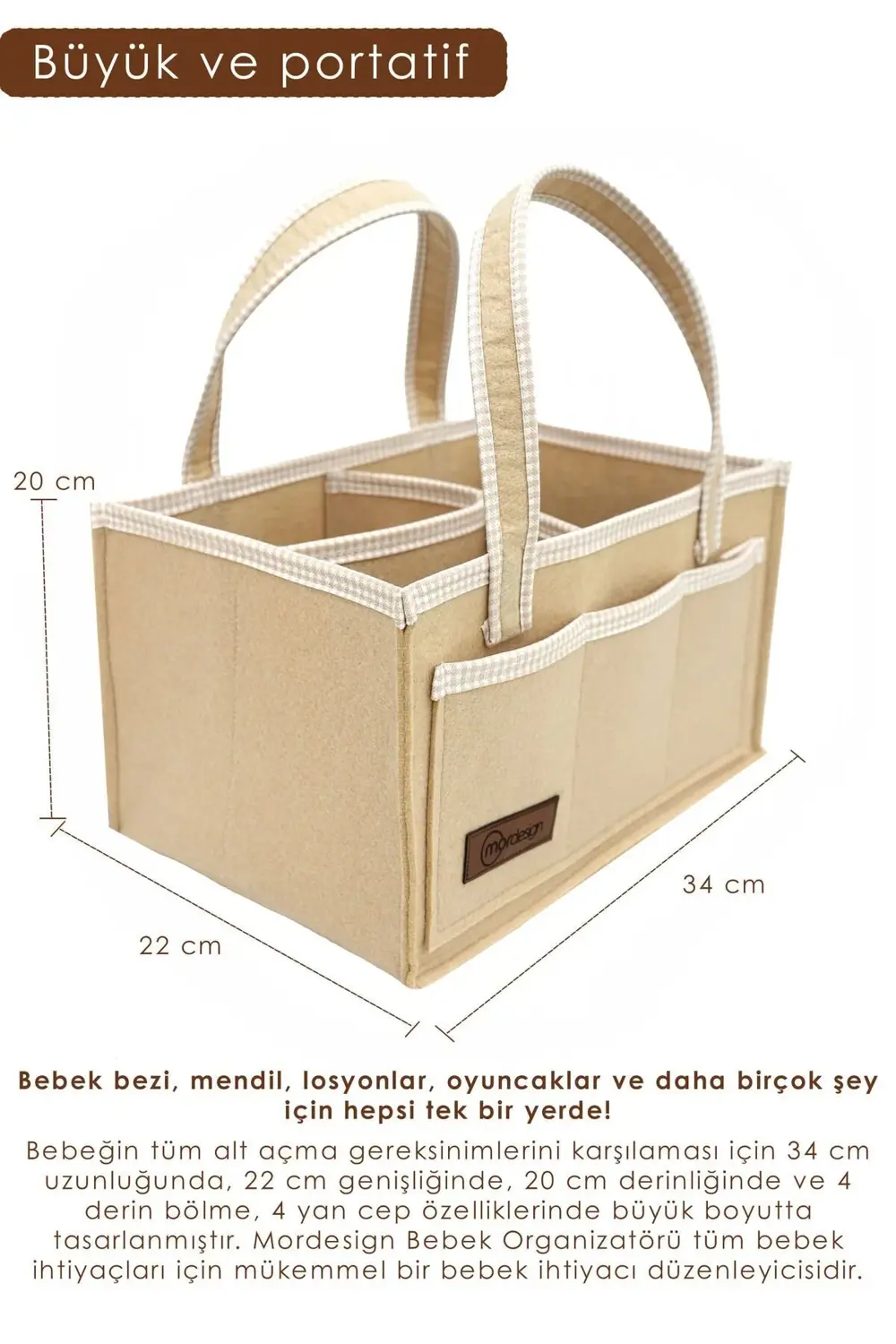 Mordesign Kalın Keçe Anne Bebek Bakım Çantası, Organizer, Çok Gözlü Düzenle