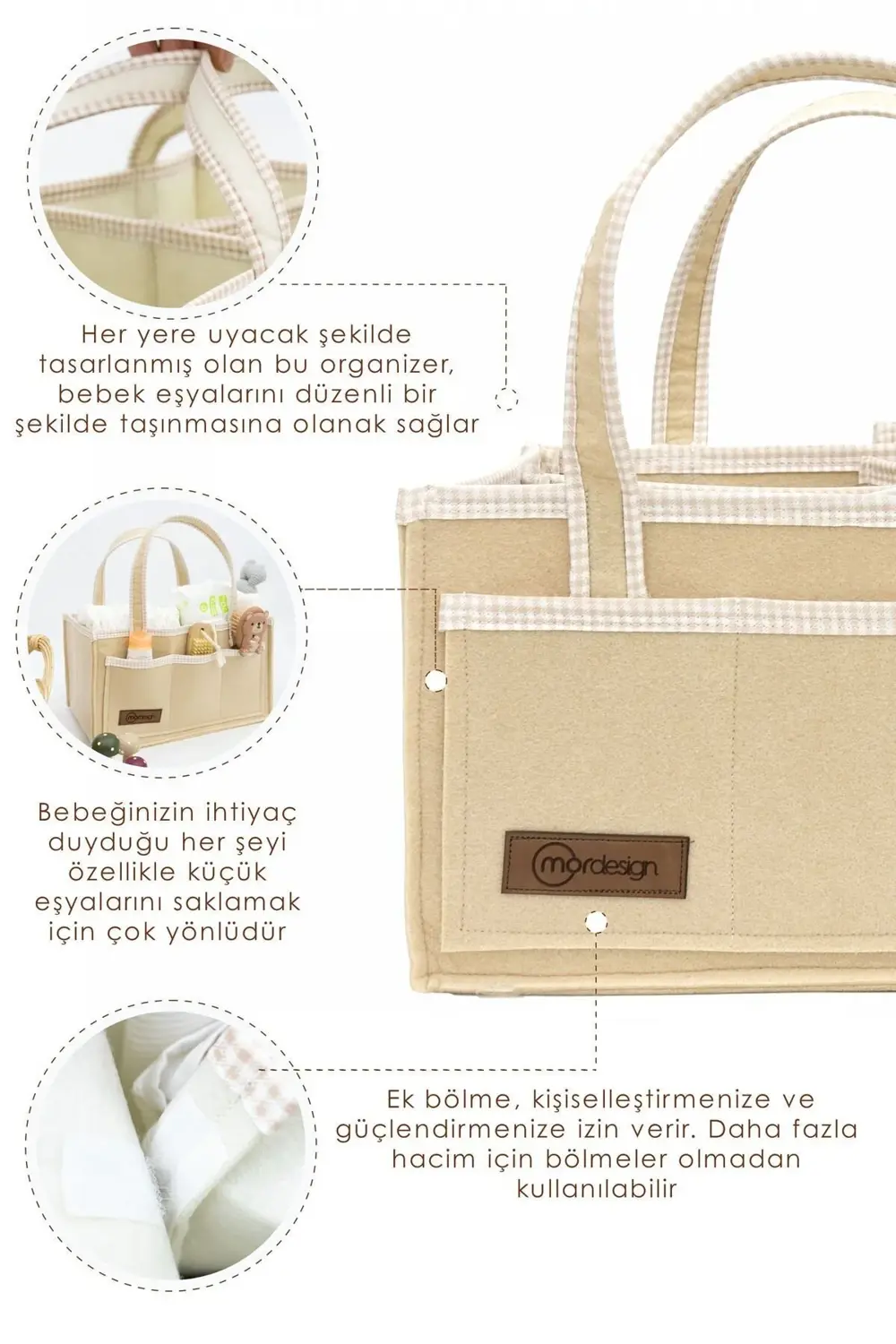 Mordesign Kalın Keçe Anne Bebek Bakım Çantası, Organizer, Çok Gözlü Düzenle