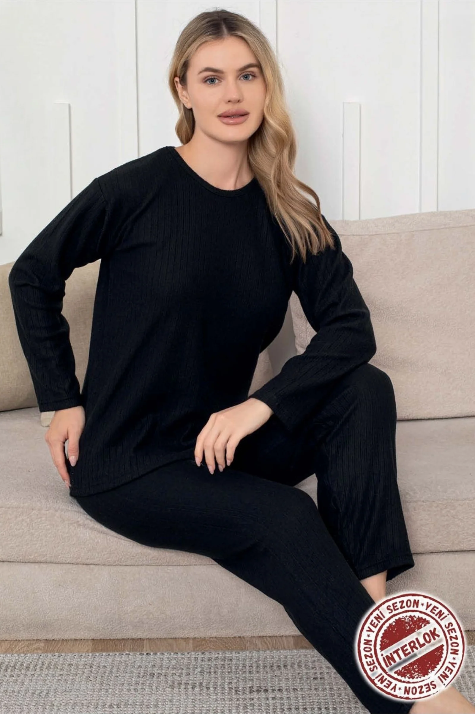 Kalın Kışlık İnterlok Şeritli Uzun Kollu Örme Pijama Takımı, Siyah, XL Kalın Kışlık İnterlok Şeritli Uzun Kollu Örme Pijama Takımı, Siyah, XL