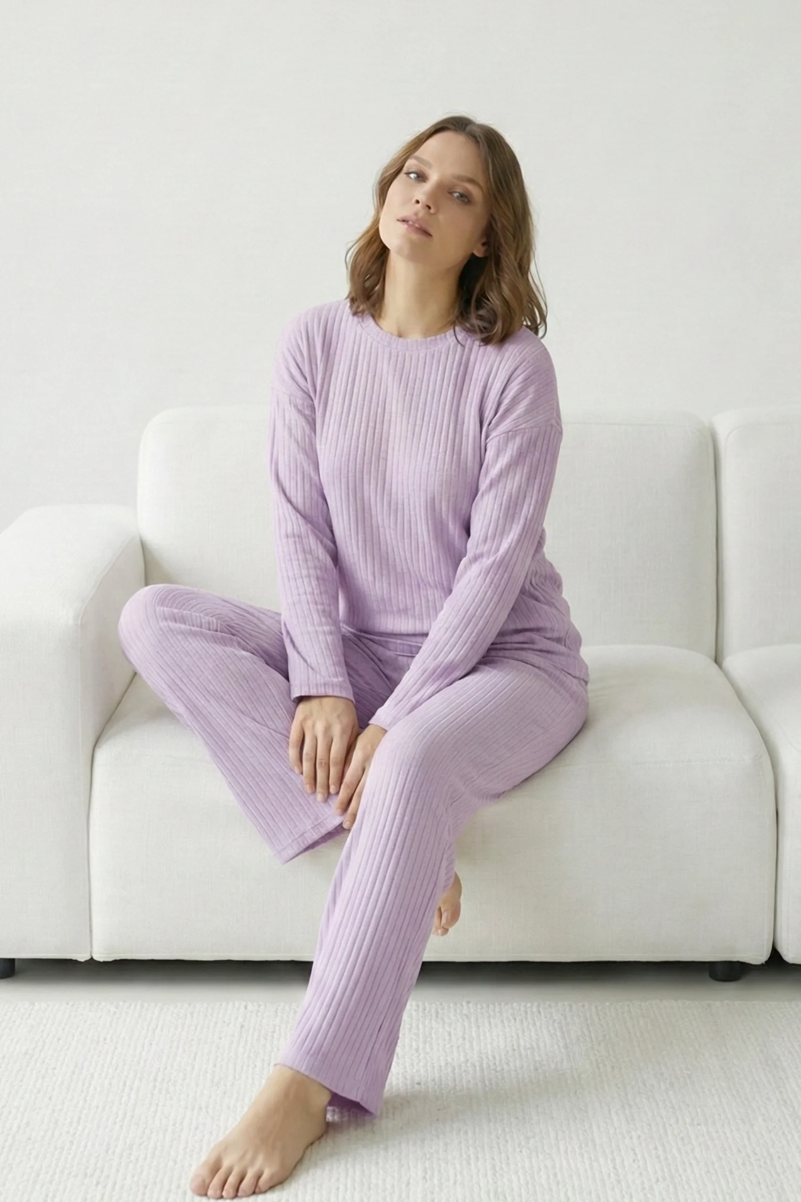 Kalın Kışlık İnterlok Şeritli Uzun Kollu Örme Pijama Takımı, Lila, XL Fiyatı, Yorumları ve Özellikleri
