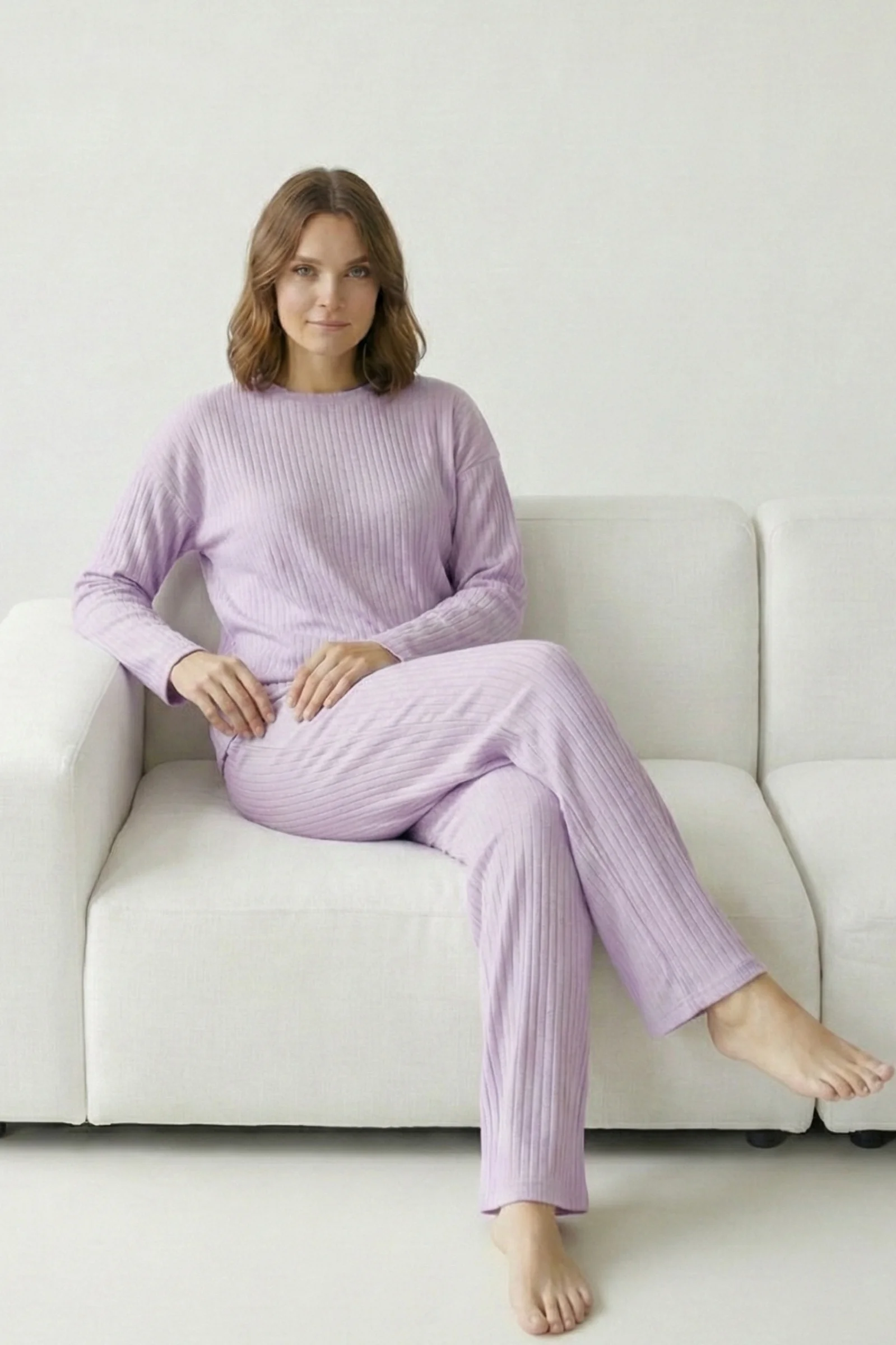 Kalın Kışlık İnterlok Şeritli Uzun Kollu Örme Pijama Takımı, Lila, XL Fiyatı, Yorumları ve Özellikleri