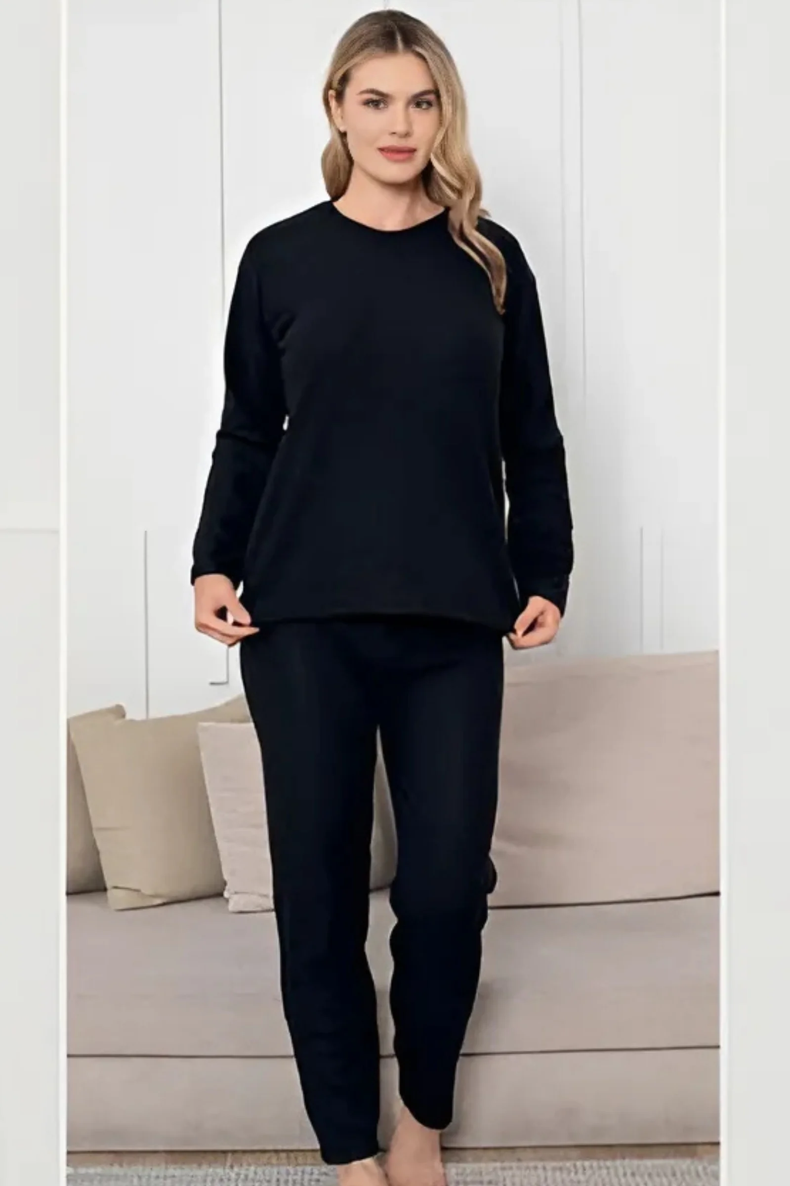 Kalın Kışlık İnterlok Şeritli Uzun Kollu Örme Pijama Takımı, Siyah, XL Kalın Kışlık İnterlok Şeritli Uzun Kollu Örme Pijama Takımı, Siyah, XL