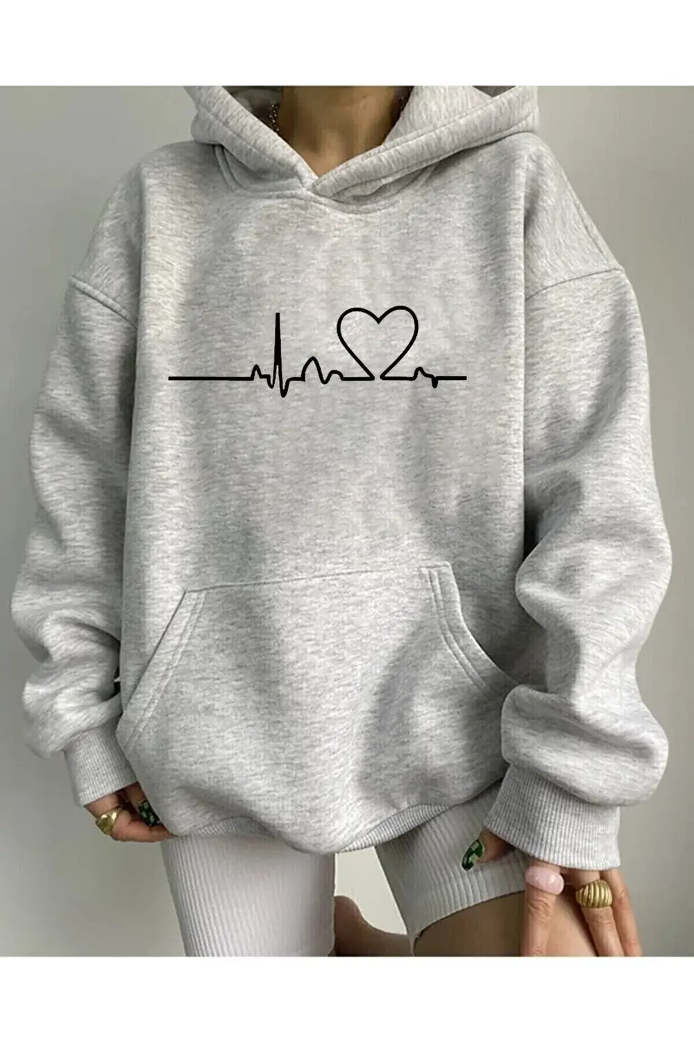 Kalp Atışı baskılı unisex kapüşonlu Büyük Beden sweatshirt