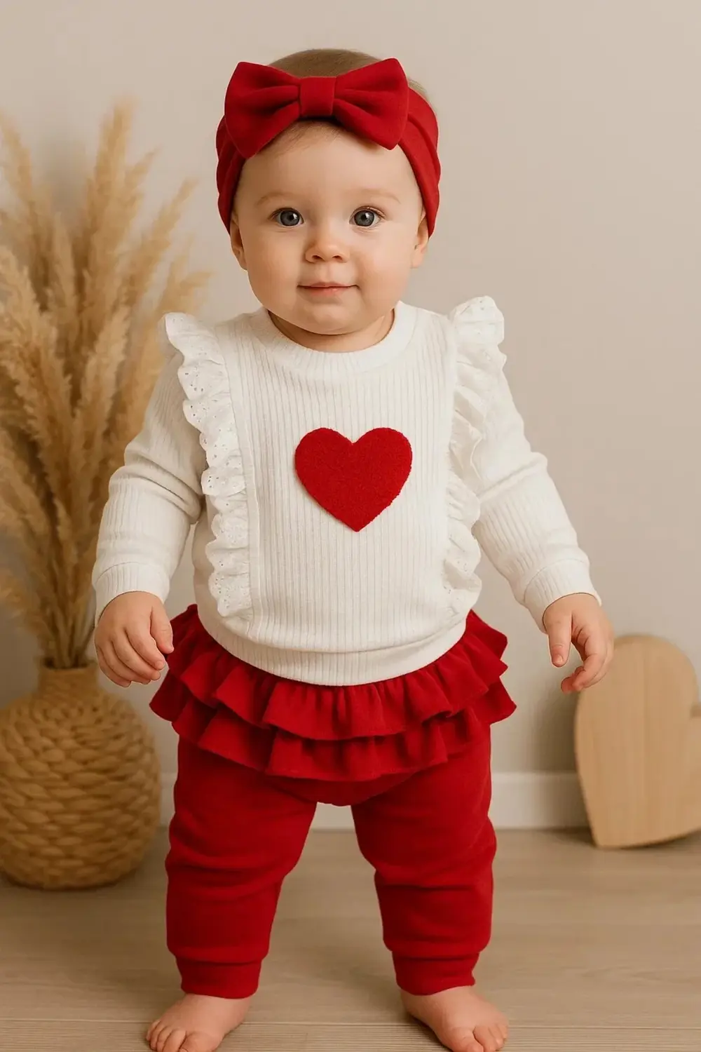 Kalp Baskılı Fırfır Detaylı 3 Parça Kız Bebek Takımı %100 Pamuk