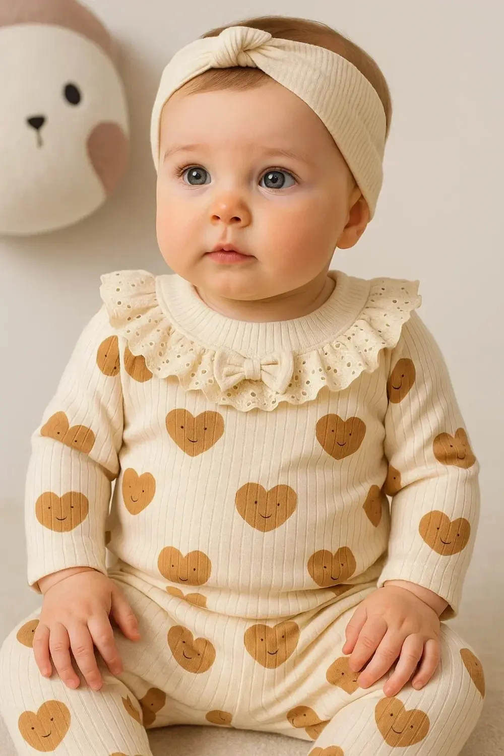 Kalp Baskılı Fisto Yaka 3 Parça Kız Bebek Takımı %100 Pamuk