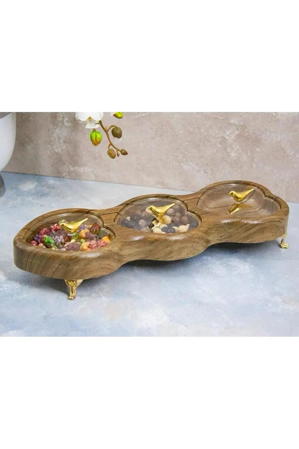 Kalp Bölmeli Ahşap Görünümlü Gold Kuş Figürlü Kapaklı 3 Bölmeli S