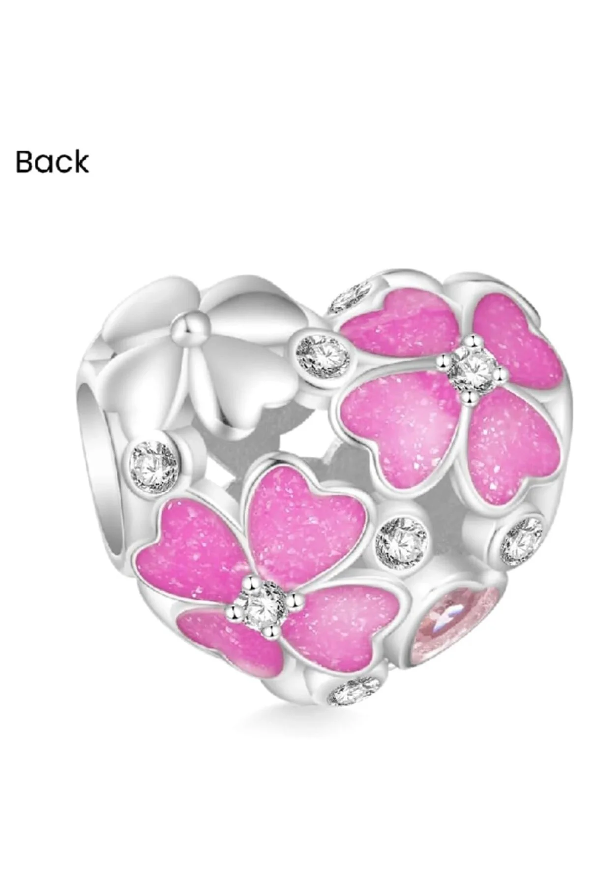 Kalp Charm, Pembe Dört Yapraklı Yonca İşlemeli, 925 Ayar Gümüş, Sevgililer Günü,