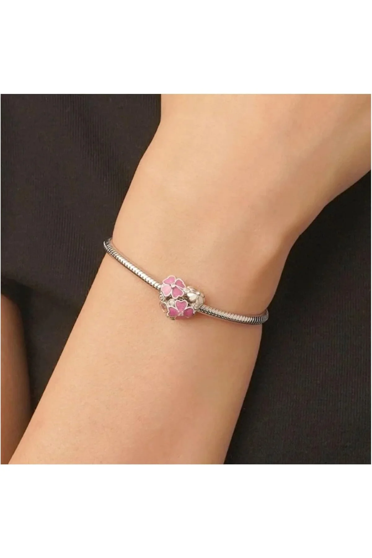 Kalp Charm, Pembe Dört Yapraklı Yonca İşlemeli, 925 Ayar Gümüş, Sevgililer Günü,