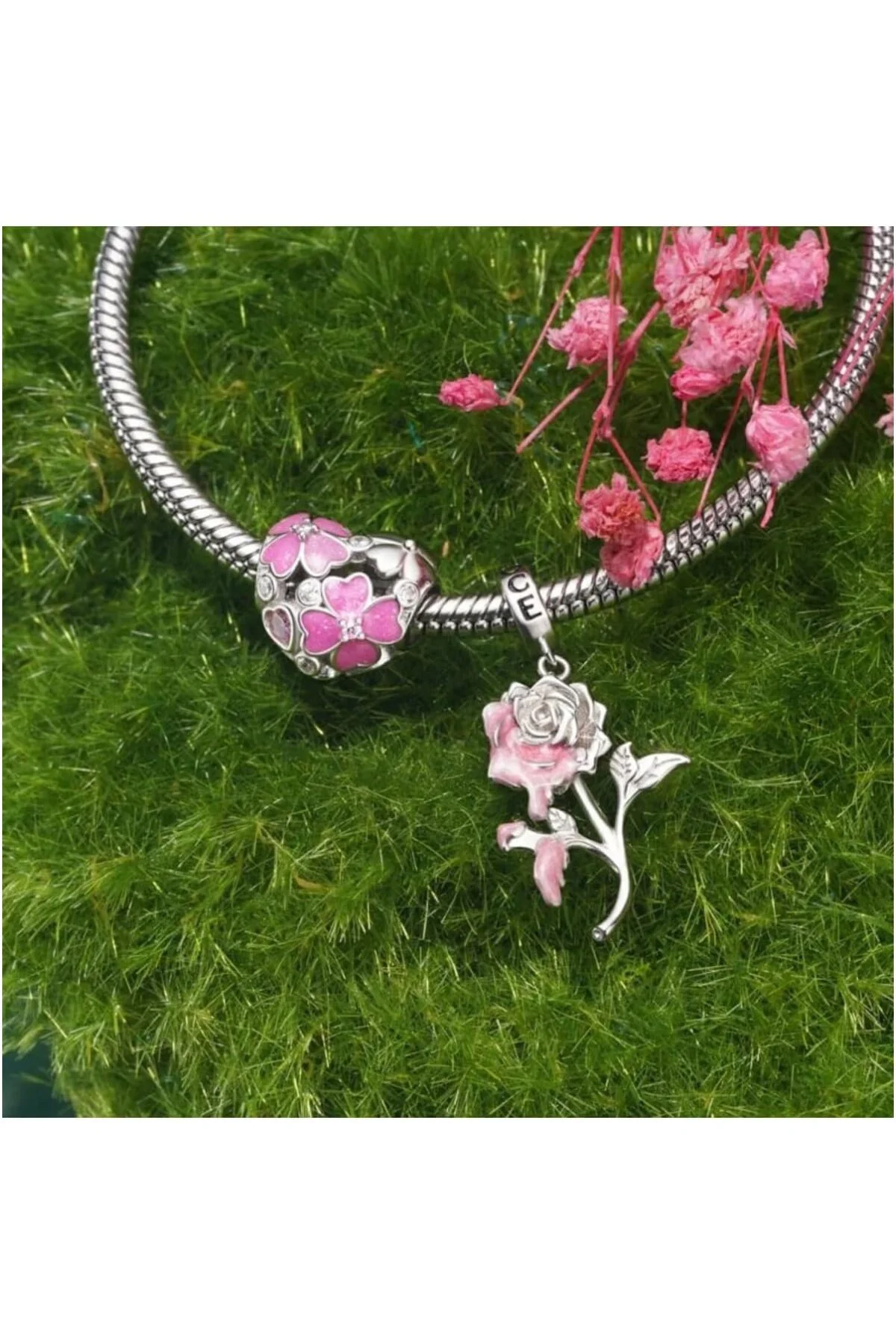 Kalp Charm, Pembe Dört Yapraklı Yonca İşlemeli, 925 Ayar Gümüş, Sevgililer Günü,