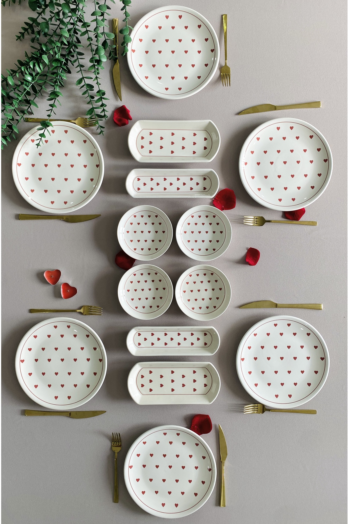 Kalp Desen Kırmızı 6 Kişilik 14 Parça Kahvaltı takımı