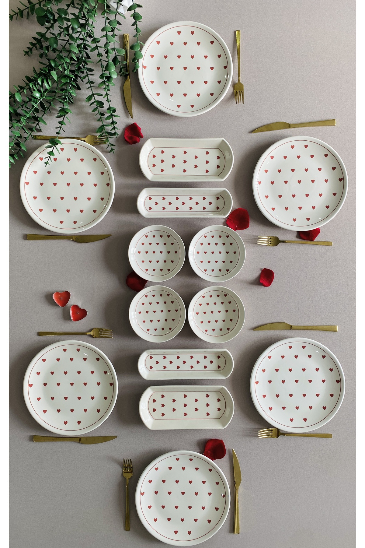 Kalp Desen Kırmızı 6 Kişilik 14 Parça Kahvaltı takımı