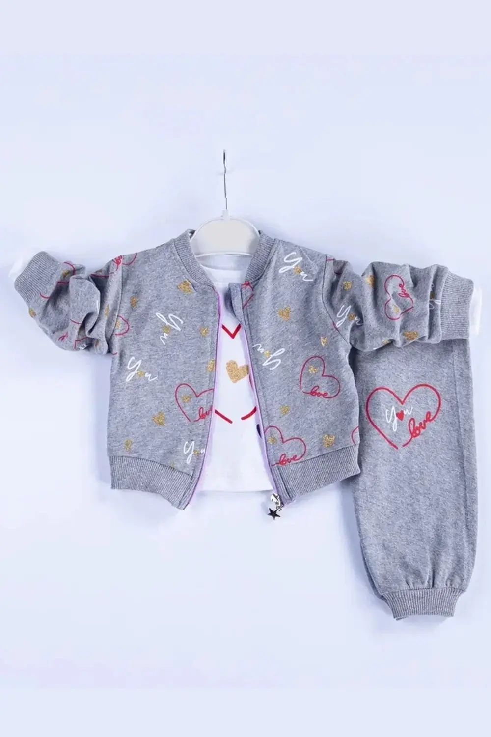 Kalp Desenli Hırkalı Pamuklu 3'lü Kız Bebek Takımı