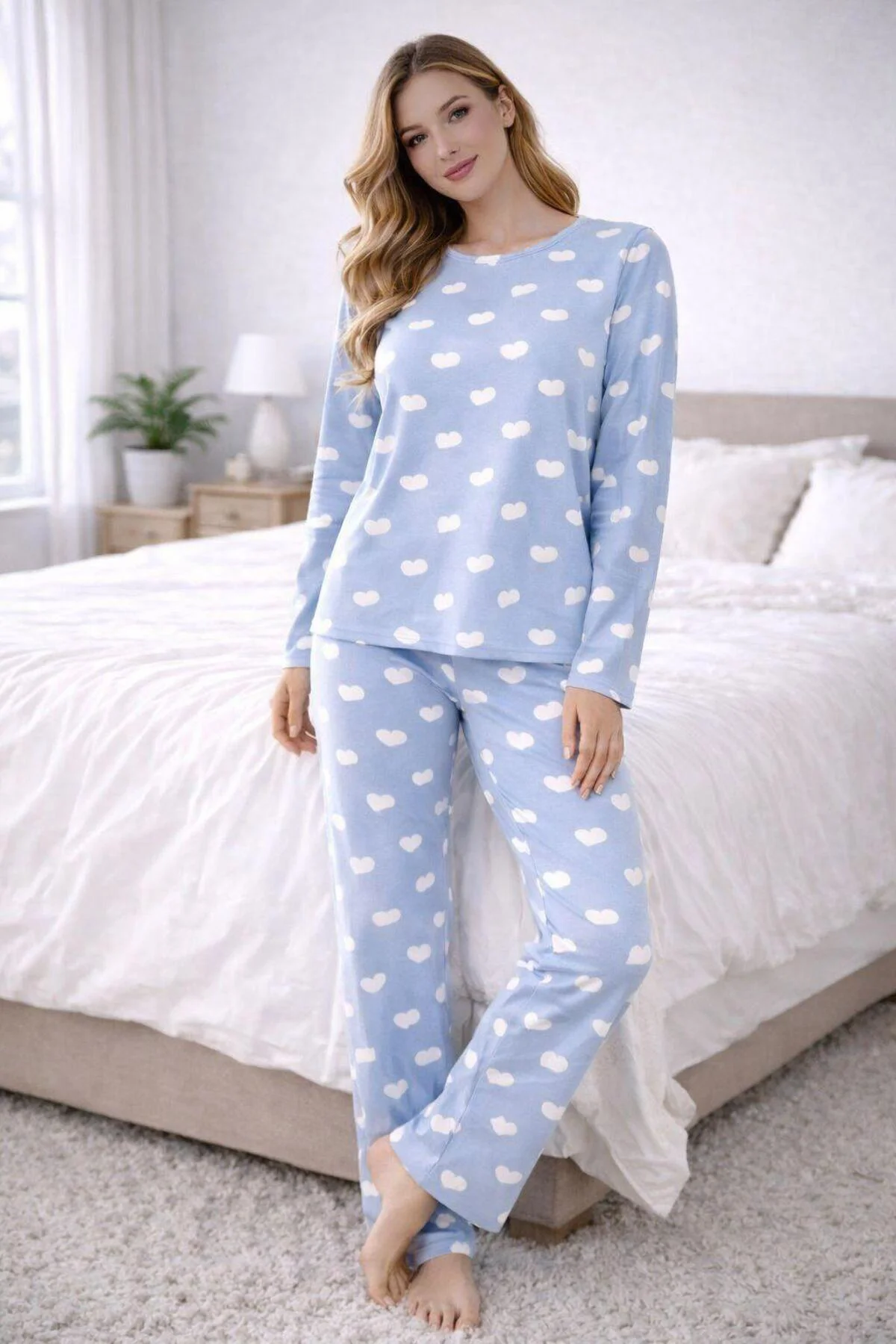 kalp desenli yumuşak dokulu pamuklu uzun kollu kadın pijama takım