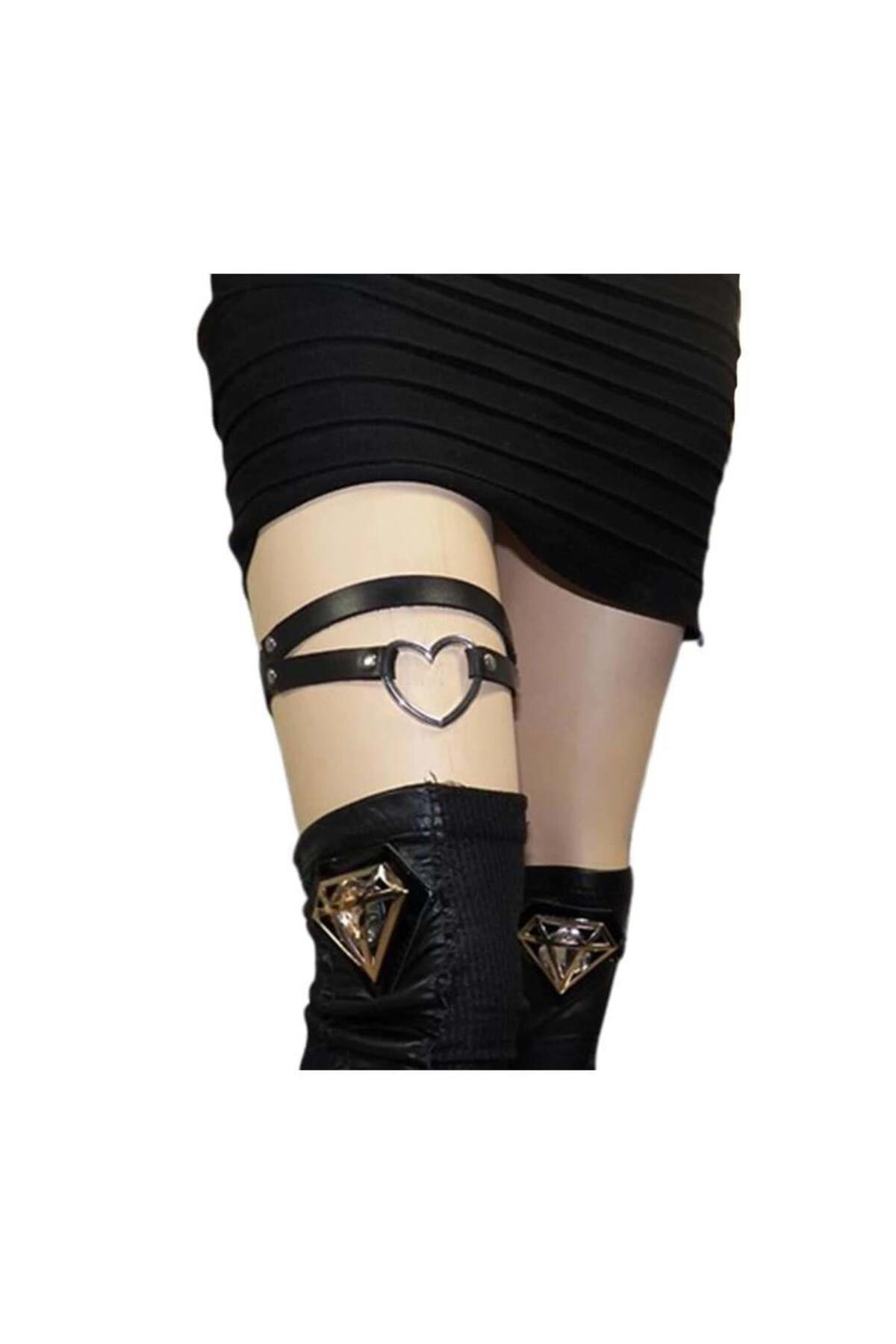 Köstebek Kalp Detay Siyah Suni Deri İkili Bacak Choker