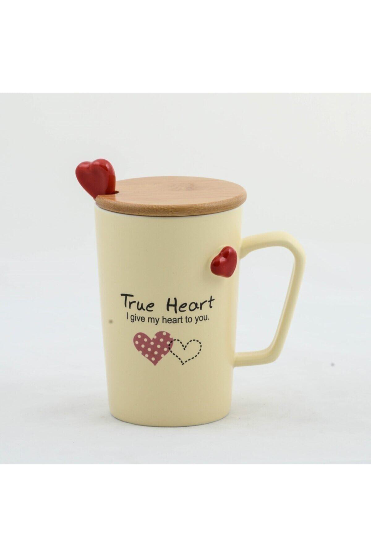 Elif Aksesuar Kalp Kabartmalı Bambu Kapaklı Porselen Kupa