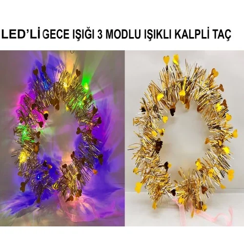 Kalp Püsküllü 3 Modlu LED Işıklı Taç Altın Renk Fiyatı, Yorumları ve Özellikleri