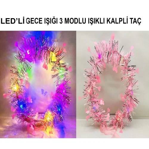 Kalp Püsküllü 3 Modlu LED Işıklı Taç Pembe Renk Fiyatı, Yorumları ve Özellikleri