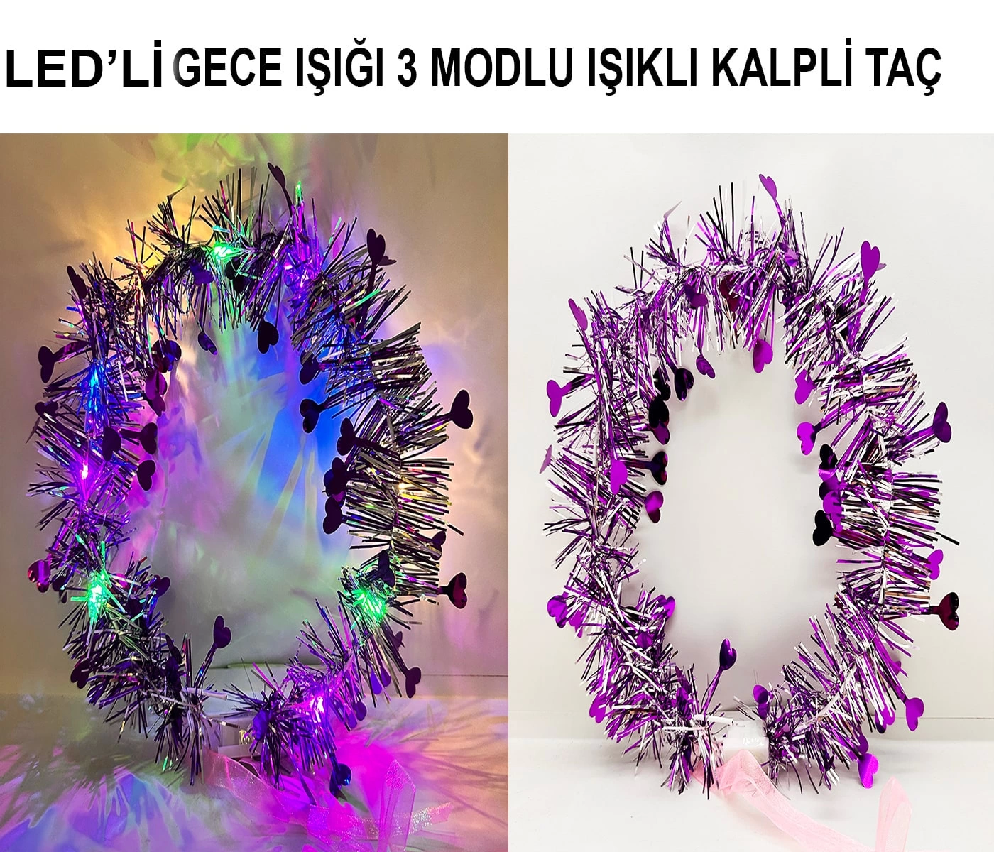 Just Cheap Store Kalp Püsküllü Gece Pariltisi 3 Modlu Led39li İşikli Taç Mor Renk