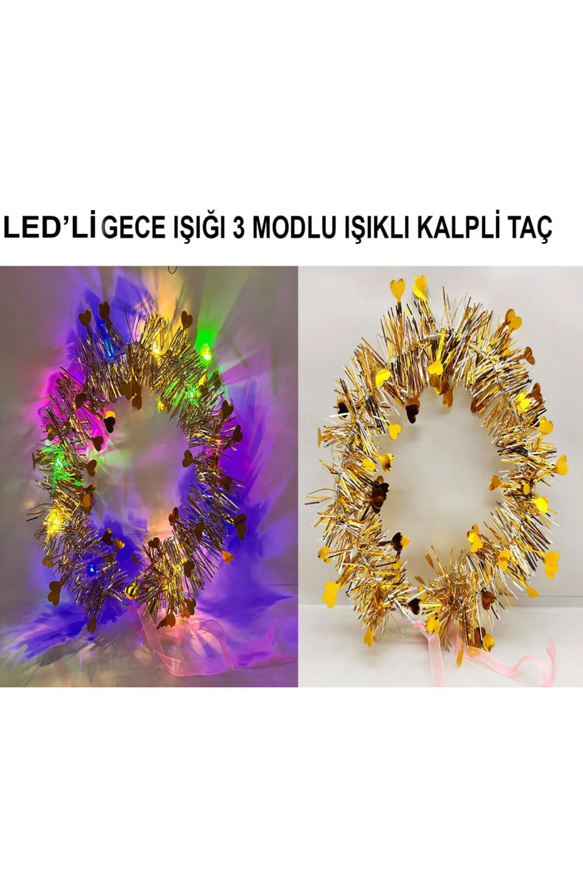 Kalp Püsküllü Gece Parıltısı 3 Modlu LED li Işıklı Taç Altın Renk
