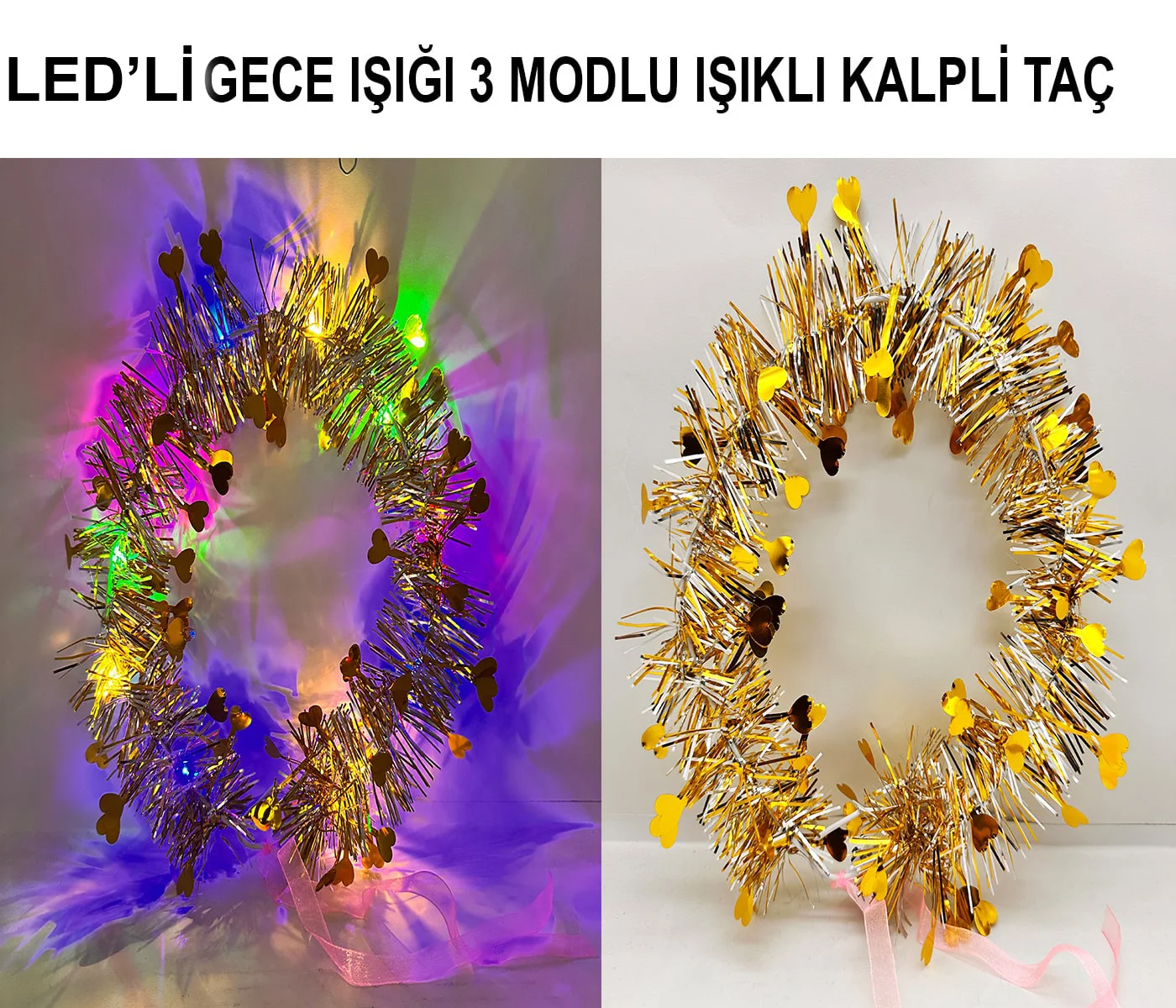 Kalp Püsküllü Gece Parıltısı 3 Modlu LED'li Işıklı Taç - Altın Renk
