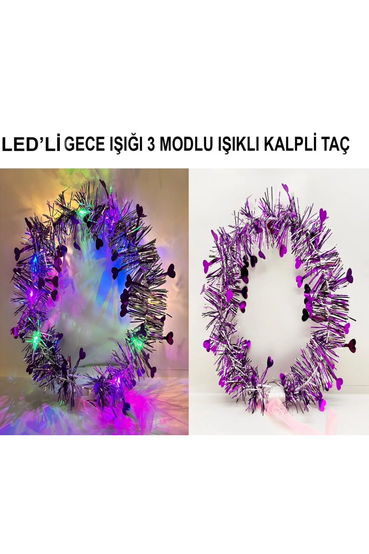 Kalp Püsküllü Gece Parıltısı 3 Modlu LED li Işıklı Taç Mor Renk