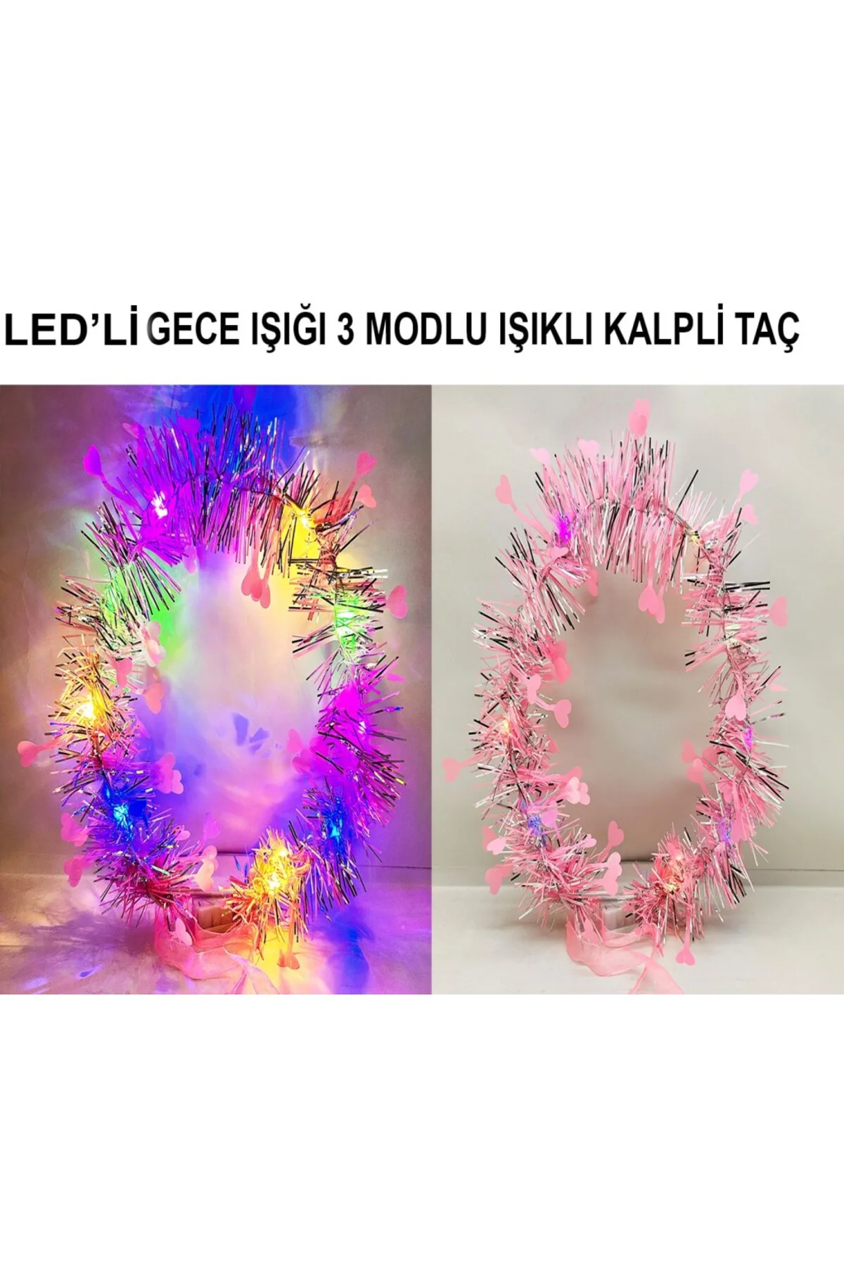 Kalp Püsküllü Gece Parıltısı 3 Modlu LED li Işıklı Taç Pembe Renk