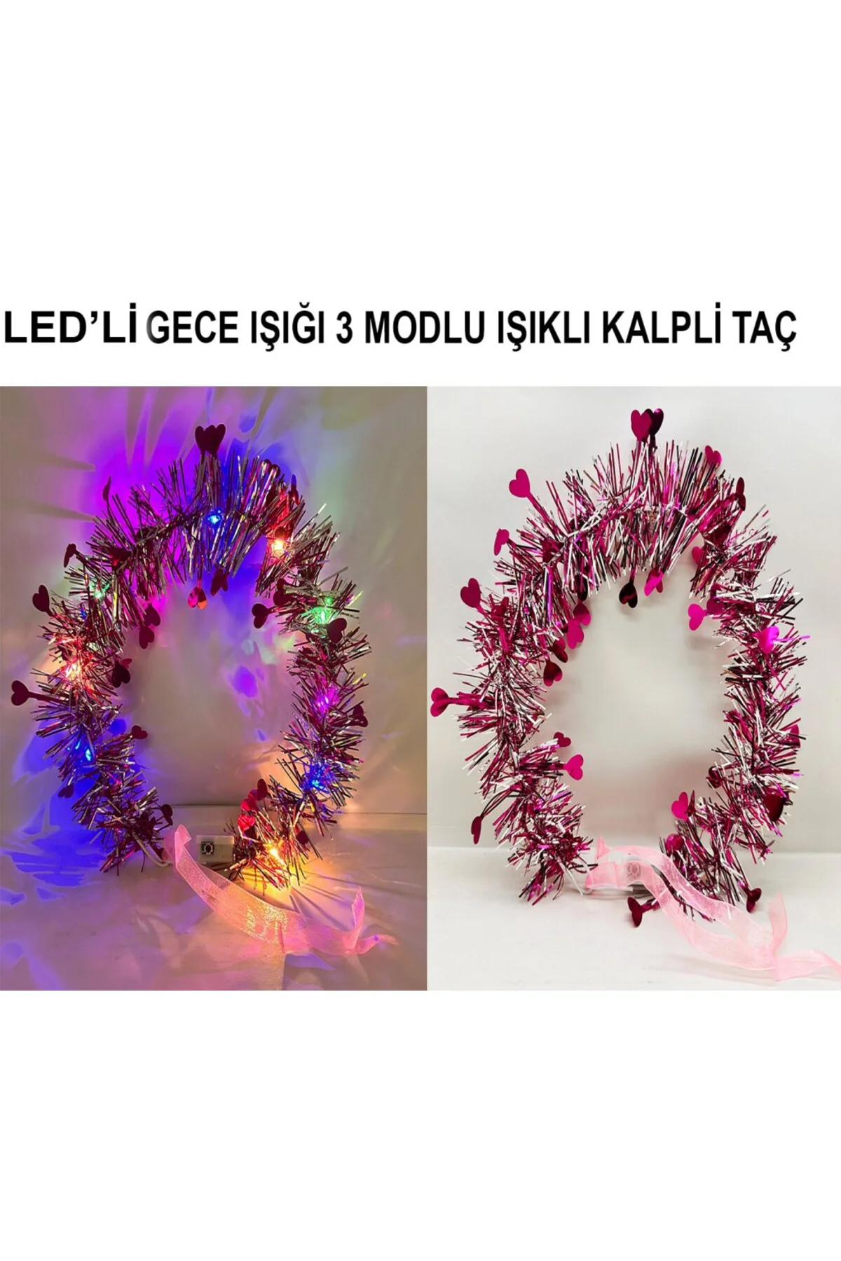 Kalp Püsküllü Gece Parıltısı 3 Modlu LED li Işıklı Taç Fuşya Renk