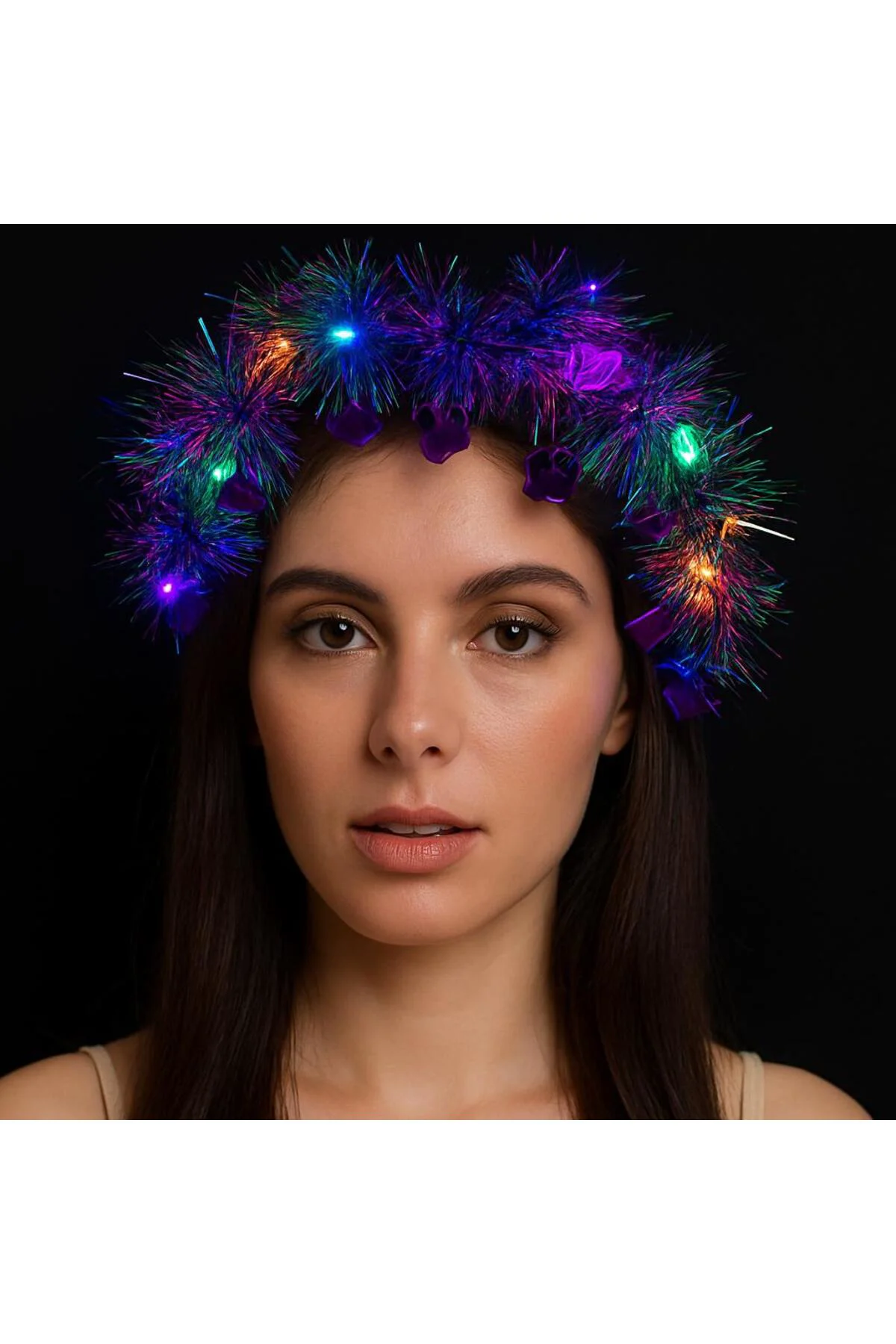 Kalp Püsküllü Gece Parıltısı 3 Modlu LED li Işıklı Taç Mor Renk