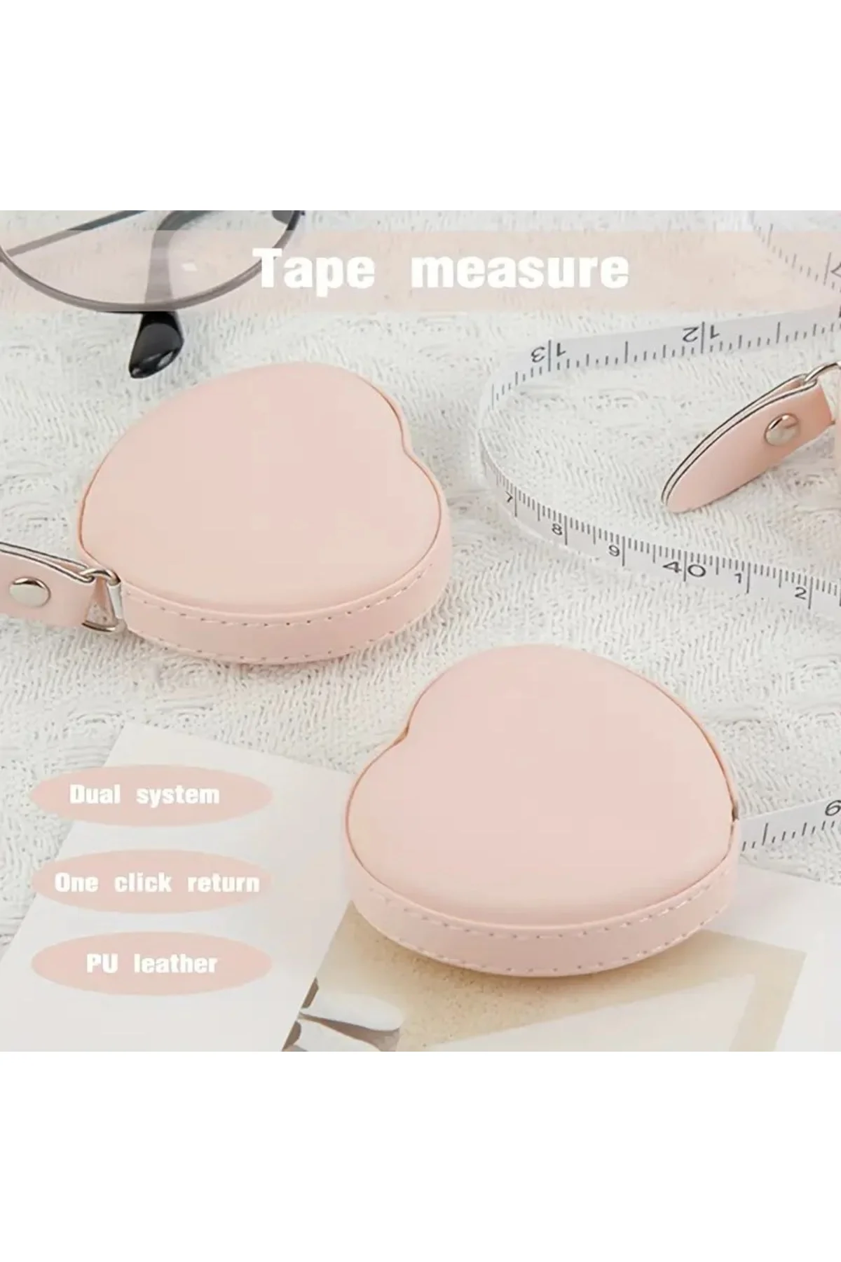 Kalp Şekilli Mezura, Pembe, PU Deri, 6cm x 1.5cm, Otomatik Geri S